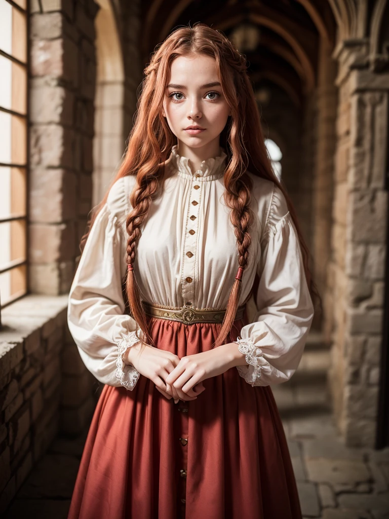 RAW photo, Girl 20 years old, Waist-length image in the center of the composition, pretty, Embarrassed, Long red curly hair braided, ((Medieval dress with long wide sleeves)), (in a medieval castle), blurred background, 8K UHD, dim lighting, hiquality, Film grain, Fujifilm XT3