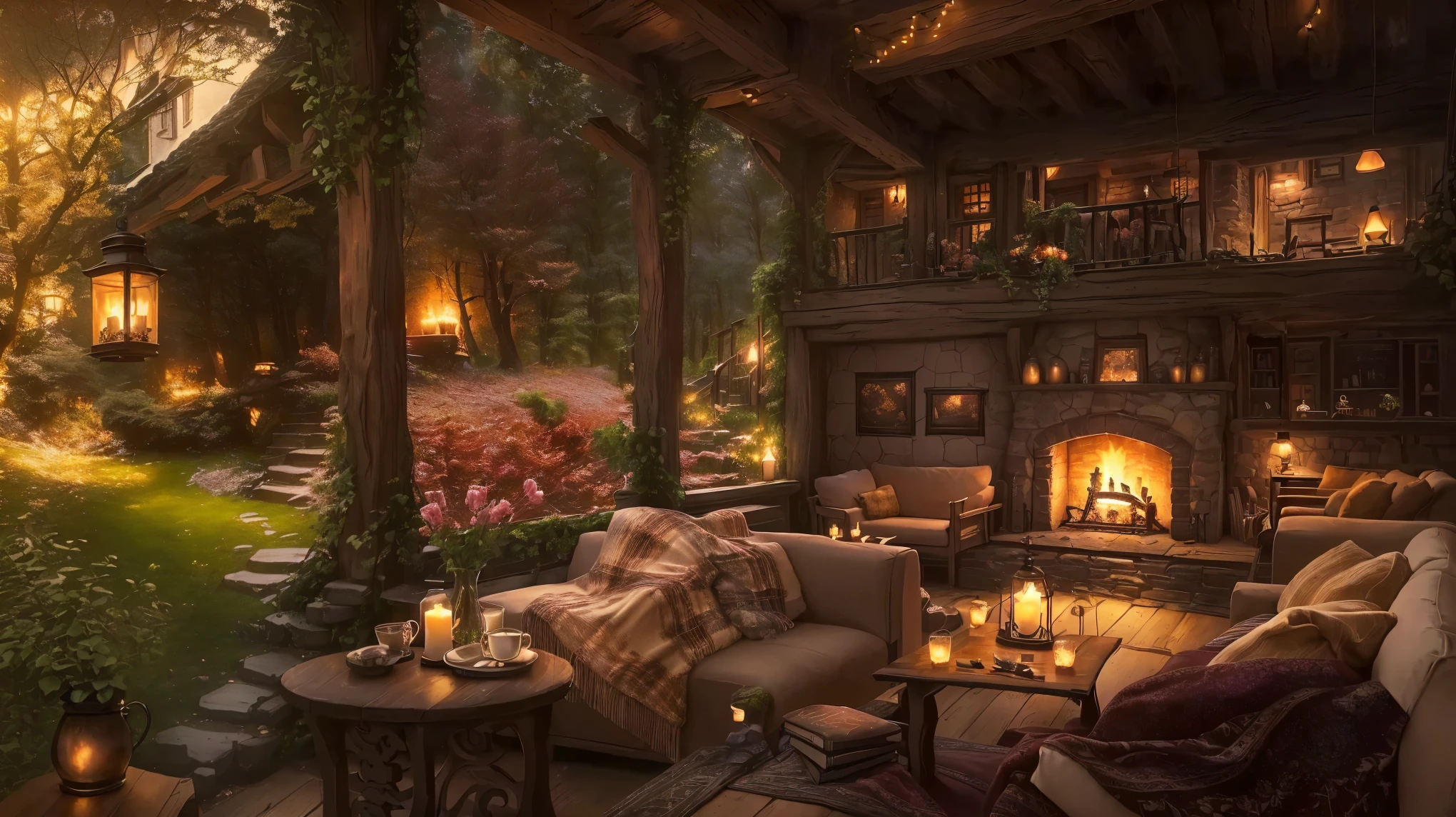 there is a living room with a fireplace and a couch, cozy and peaceful atmosphere, pleasant cozy atmosphere, cozy atmosphere, a multidimensional cozy tavern, cosy enchanted scene, cozy place, cozy setting, cozy cafe background, cozy environment, relaxing environment, relaxing concept art, cosy atmoshpere, cozy home background, rustic setting, comfy ambience, cosy atmosphere