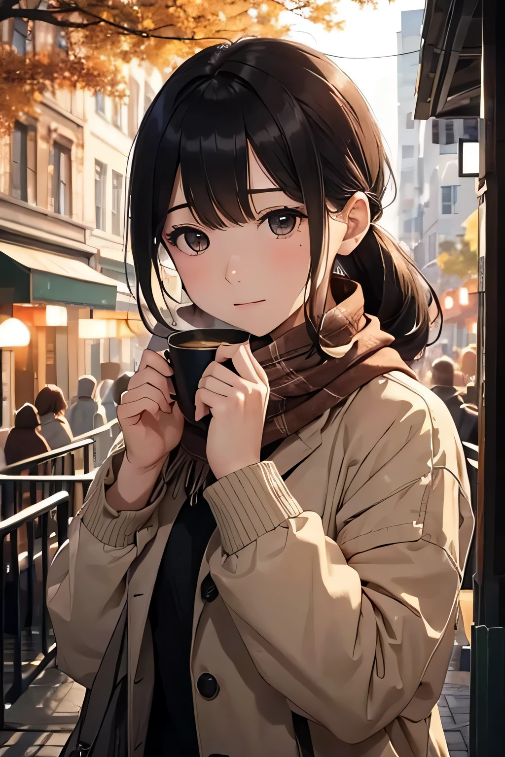 (masterpiece), (portrait), (aesthetic), (beautiful), (upper blody), (high quality), (aesthetic clothings), (professional angle), (rule of thirds), (Feminine), (woman), (female), (beautiful),(feminine features), (25 years), solo, 1 woman, (attractive Spanish), Autumn, Warm light, (Sitting), Elegant Makeup, (Medium bust), ((holding a Cup of Coffee)), (Side face), (Serene expression), ((Sophisticated Mood)), Scarf and Bracelets, ((Long hair)), (Brown hair), (Curly hair), (Voluminous hair), Natural shine hair, (Hair Clip in hair), (Brown eyes), (Chic look), (Olive skin), (Neutral clothing), (Sweater), (Coat), (Jeans), Boat Neck neckline), ((Urban background)), (- in background), (Close-up shot), beautiful hands, two hands, normal hands, two arms, complete hands, beautiful body, beautiful fingers, normal fingers, five fingers, five fingers, (Thumb index meddle ring little fingers), beautiful ears, normal ears, beautiful eyes, shiny eyes, beautiful mouth, beautiful lips,
