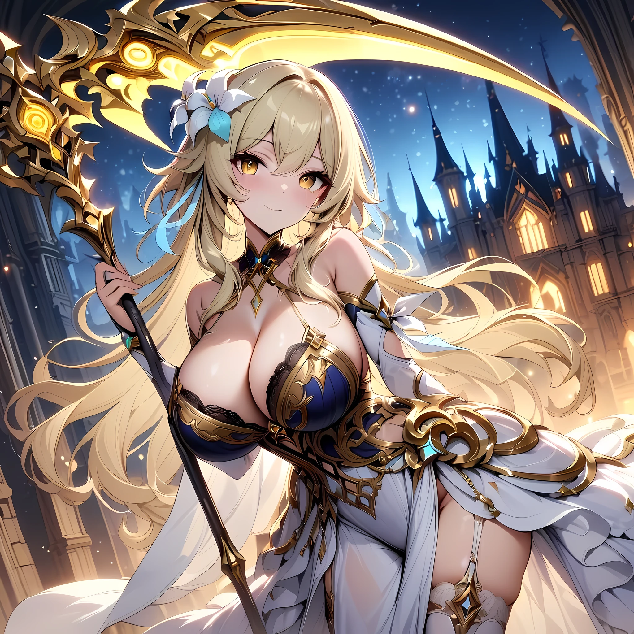 masterpiece), best quality, expressive eyes, perfect face,1girl,lumine_(genshin impact),(mature woman),(big breasts:1.4),(white and gold ornate evening gown:1.5),long hair,curly hair,curvy,garter belt,sexy pose,castle,(night:1.1),(starry sky:1.1),standing,head tilt,dynamic angle,light smile, white scarf, cleavage, hair ornament, yellow eyes, 1girl, white footwear, white thighhighs, blonde hair, hair flower, detached sleeves,looking at viewer,scythe