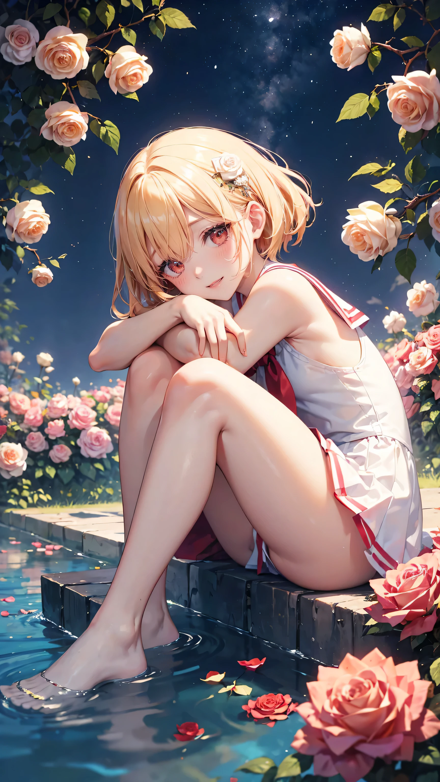 Very cute girl、(I'm 8 years old)、light yellow hair、Shortcuts、Bangs too close to the eyes、Glowing red eyes、(Normal Human Ear)、Thin arms、Beautiful body、Thin legs、Flat Chest、Translucent white skin、Happy smile、Open your mouth、(Sleeveless sailor suit、Ultra mini skirt).(Rose Garden)、Playing innocently、Ultra HD、Digital SLR、Many colorful roses blooming in the background、Upper Body Shot、Sitting with legs crossed、Sitting with knees hugged、running、