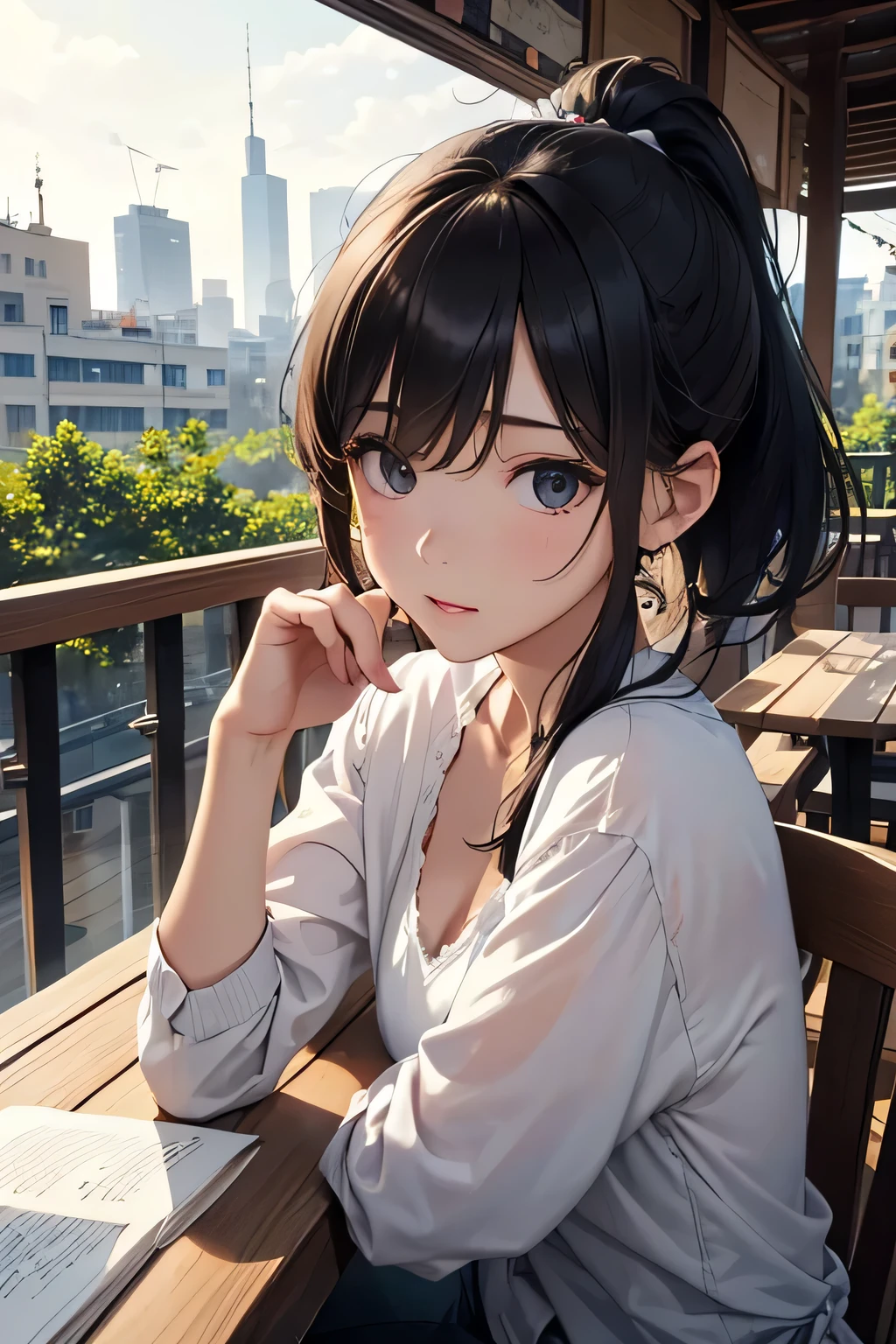 (((make the shadow darker, lens flare, the most dark shadow))), ((high-definition images, atmospheric perspective, 8k, super detail, accurate, best quality, single shot)), a women, (round face, eyes realistic sizing, drooping eyes), ((orgasm face, focus in the mouth, sleepy)), casual shirt, outside downtown area, whitey blond braid, on the grass in the park, picnic, angle from below, bush, flowers, trees, buildings,