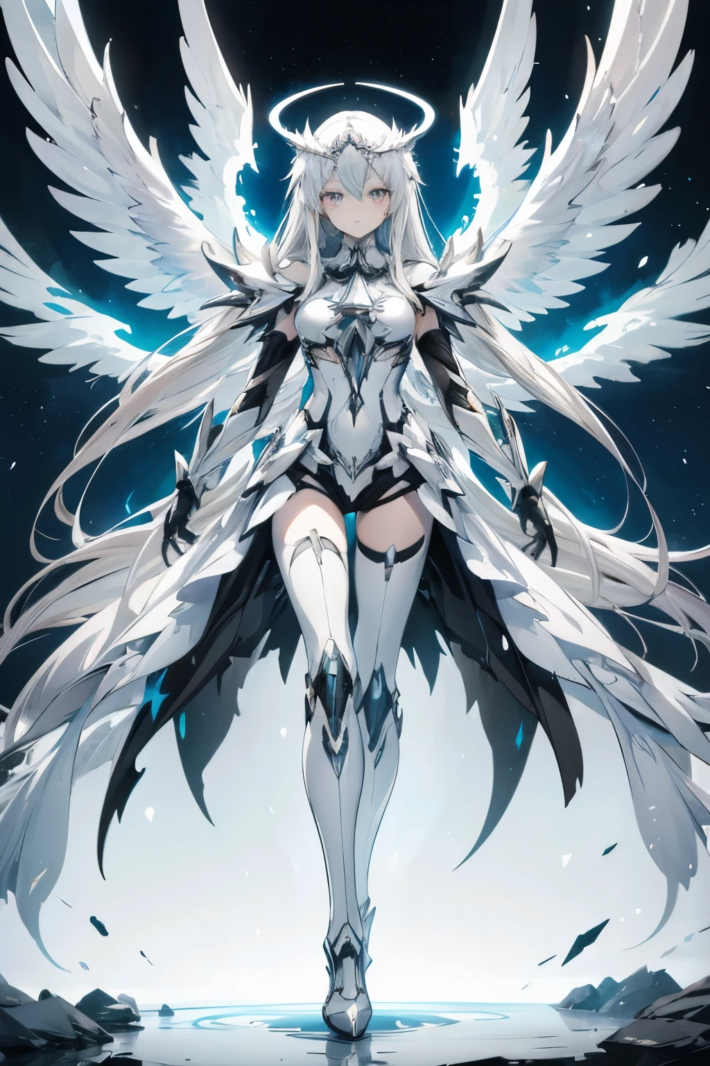 1girl, an anime girl with long white hair, anime art, an anime drawing, grey eyes, tall woman, high quality, thin body, multiple wings, angel, six wings, hands behind back, head wings, glowing eyes, halo, black thighhighs, bright pupils, white clothes, thunder, black gloves, cybernetic angel, possessing metallic wings and a sleek white and silver exoskeleton, bodysuit, normal ears.