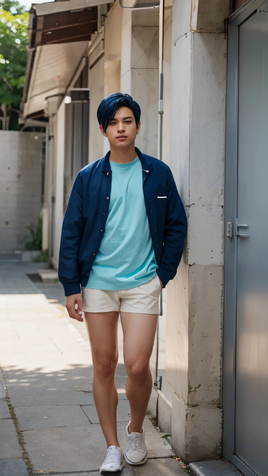 masterpiece, highly detailed, (full body), , (1man), dark blue hair, pastel colors, natural lighting, kaeya genshin