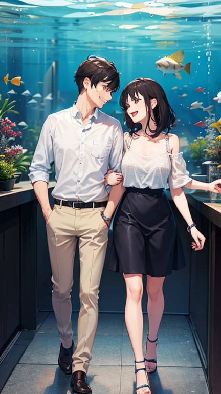Couple in their 20s on a date, smile, aquarium, fashionable,