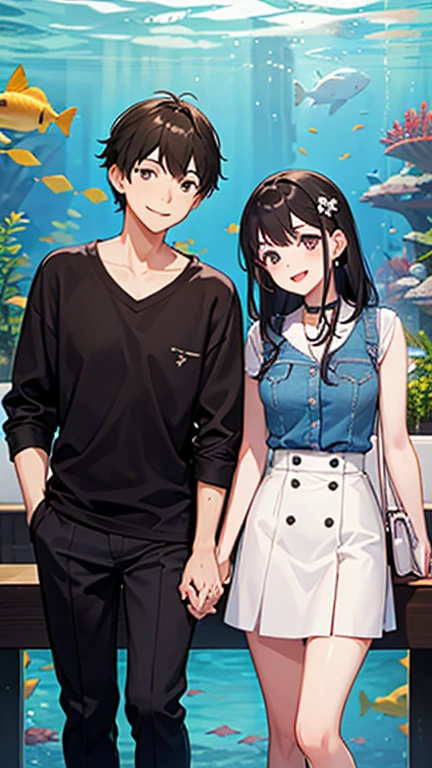 Couple in their 20s on a date, smile, aquarium, fashionable,