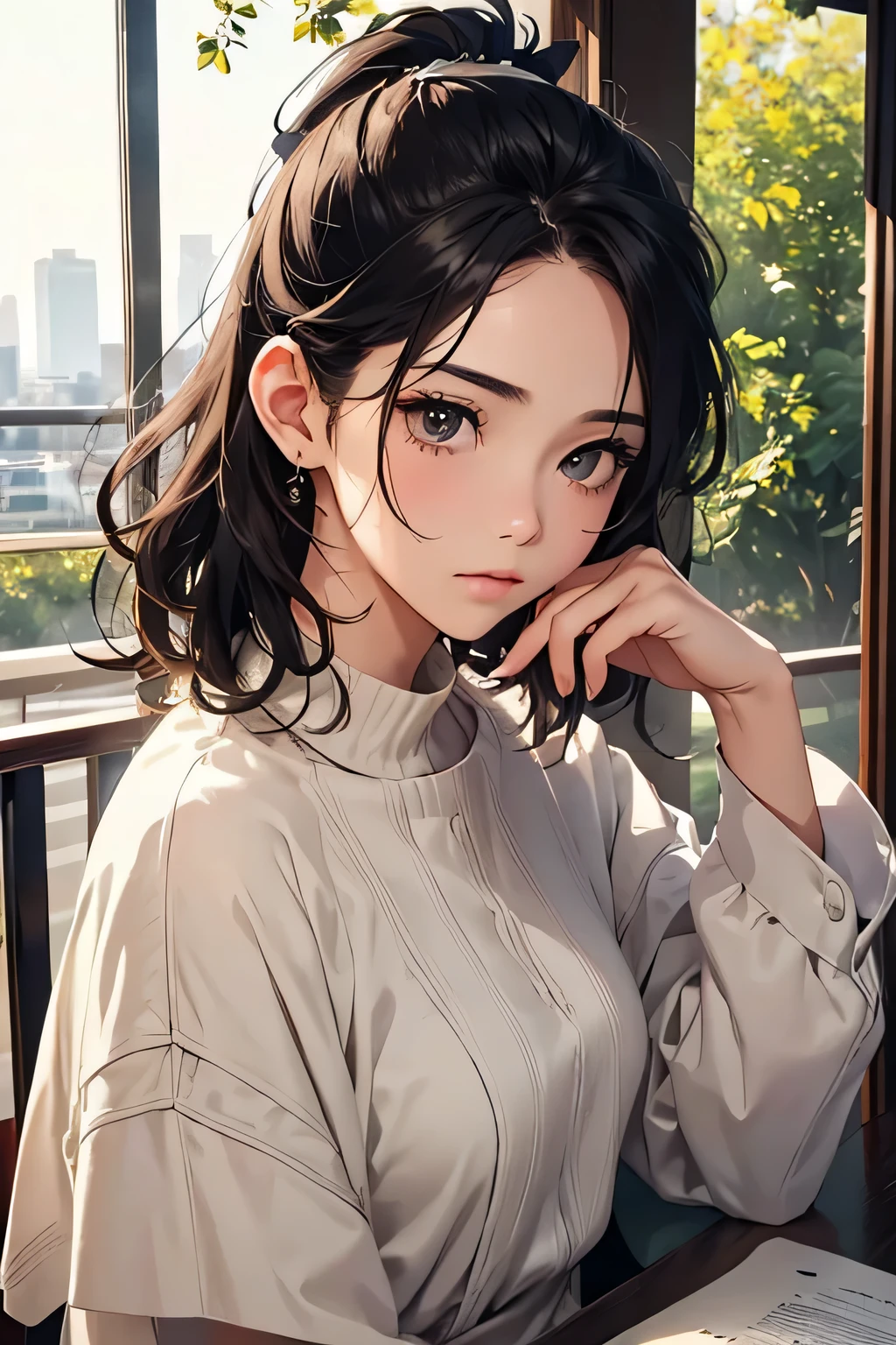 highest quality、High resolution、Detailed Background、(Beautiful face in every detail:1.4)、Anatomically correct、(Draw the usual number of fingers:1.2)、(Detailed facial expressions)、(Detailed eyes:1.2)、(Detailed eyes:1.2)、Beautiful, smooth skin、Teenage beauty、(Highly detailed face:1.4)、
Black Hair、ponytail、Bobcut、Hairstyles that add waves and curls、Perfect body line、Solitude and silence、An ennui atmosphere、Create unique moods and emotions、
While sitting on the terrace of a cafe、Drinking coffee alone、There is a view of the city ahead.、wood々The leaves are swaying in the wind、There are other people around、Just the sound of quiet conversation or the sound of a book being read、A deep silence spreads、The air is cold、But it's comfortable、among them、Indulge in your own thoughts、