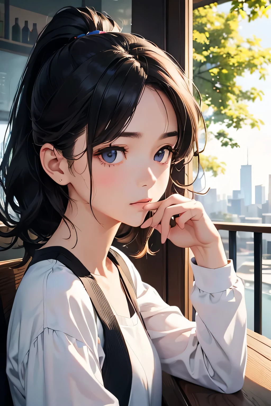 highest quality、High resolution、Detailed Background、(Beautiful face in every detail:1.4)、Anatomically correct、(Draw the usual number of fingers:1.2)、(Detailed facial expressions)、(Detailed eyes:1.2)、(Detailed eyes:1.2)、Beautiful, smooth skin、Teenage beauty、(Highly detailed face:1.4)、
Black Hair、ponytail、Bobcut、Hairstyles that add waves and curls、Perfect body line、Solitude and silence、An ennui atmosphere、Create unique moods and emotions、
While sitting on the terrace of a cafe、Drinking coffee alone、There is a view of the city ahead.、wood々The leaves are swaying in the wind、There are other people around、Just the sound of quiet conversation or the sound of a book being read、A deep silence spreads、The air is cold、But it's comfortable、among them、Indulge in your own thoughts、
