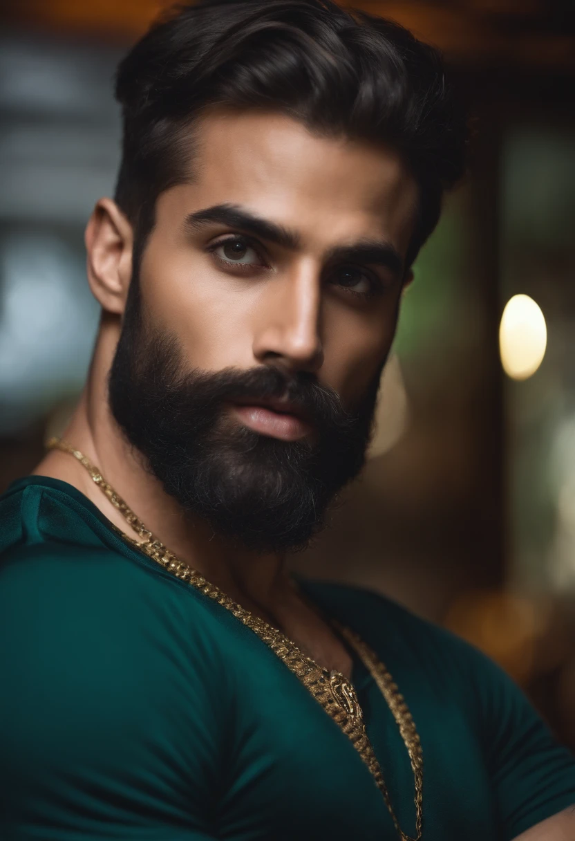Hombre gay musculoso, con barba, pecho velludo, en tanga, mulato, ojos verdes y cabello rizado color rubio