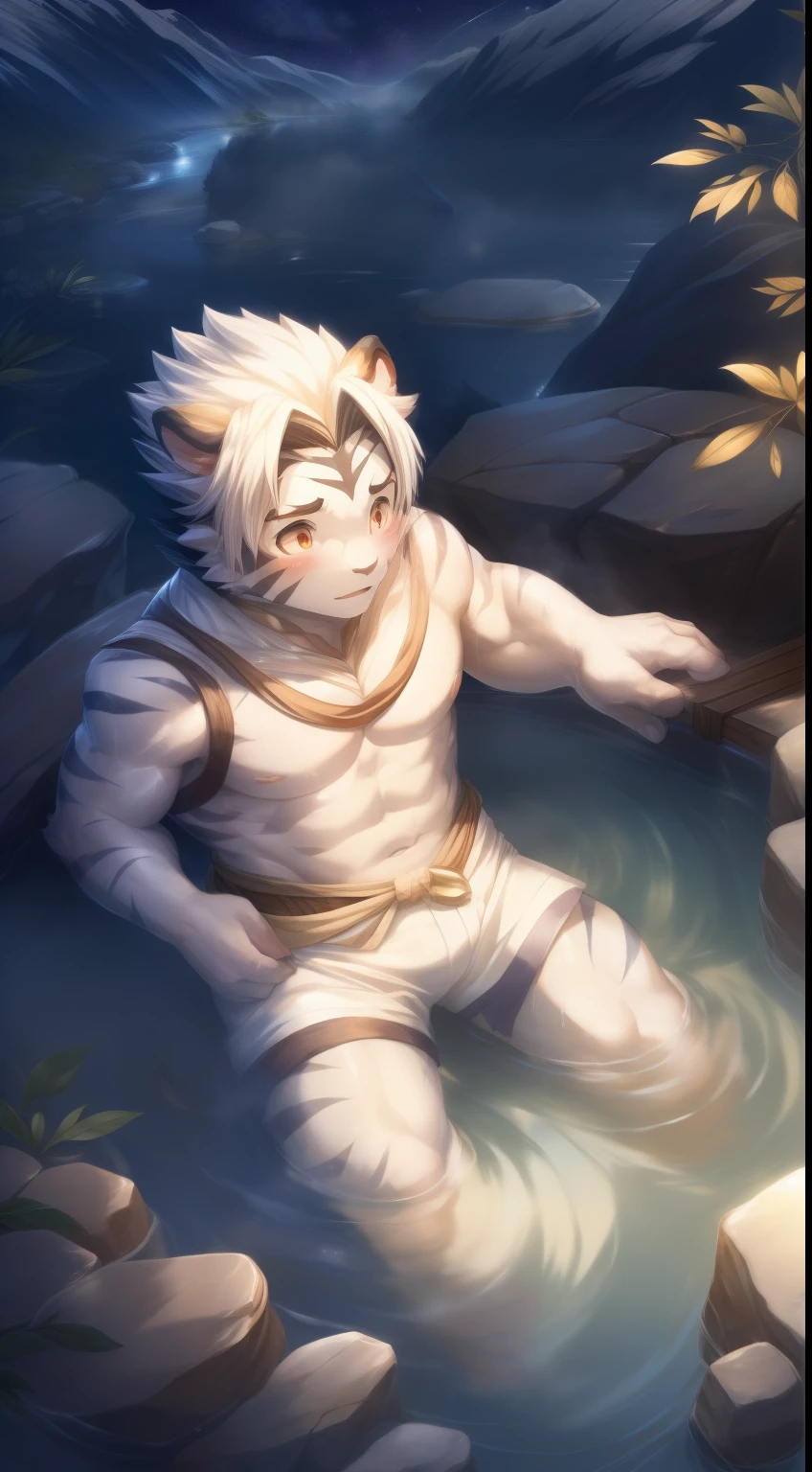 (through empty ghost, From thebigslick, through dark gems, Will chase), Keyuan Tower (Onmyoji Daisenji Temple), High quality photos, Perfect anatomical structure, Anthropomorphic white tiger, Men, 20 years old, thick eyebrows, (Super short hair:1.4), light blue stripes, Strong body, pectoralis major, Skinny white vest, White shorts, small bump, Pink Milk Ball, 浸泡在Natural hot springs中, Partially submerged, Open your thighs, One arm raised, (In the valley at night:1.5), Shy expression, blush, Golden pupils, Look up at the audience, Clear facial features, Strong, Solitary, top view, Full body image, Fog atmosphere, Sweaty legs, In the valley, Natural hot springs, White pebbles can be seen everywhere, wild plants, firefly