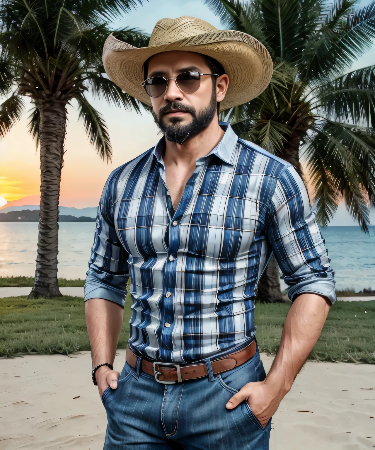 Obra maestra, desenfoque de campo, Parte superior del cuerpo, Hands in pants pockets , 38 year old man with beard., sombrero vaquero y gafas de sol. Man in a plaid shirt in a Netflix drug trafficking series with a sunset in the background.