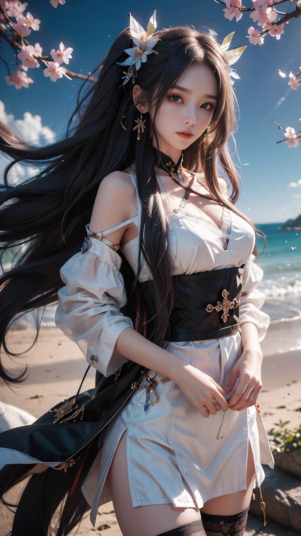 8K, ultra hd, masterpiece, hd colors, 1 girl, perfect face, very long curly hair, detailed eyes, simple clothing, ((white clothing)), stocking, ((criss-cross black lace)), sardine, straps, strips, thin belts, net clothing, ((long loops)), jwellery, waterside, Realistic scenery, epic scenery, sun rising, evening, clouds, Butterfly, cherry blossom, blowing wind, perfect pose,
