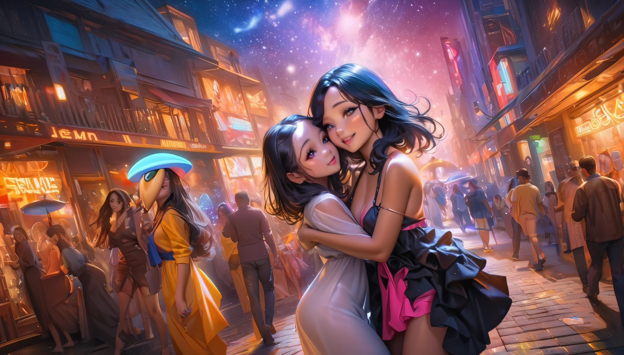 (A stunning nubile Malaysian woman, blessed proportions, seductive, dressed appropriate to the scene) nubile, strolling and very friendly with the locals (selfies, hugs, etc.), friendly fluorescent tentacle aliens locals, neon-lit beach, starry otherworldly sky, oil painting, best quality, ultra-detailed, photorealistic, vivid colors, portraits, warm and vibrant color palette, soft and diffused lighting.