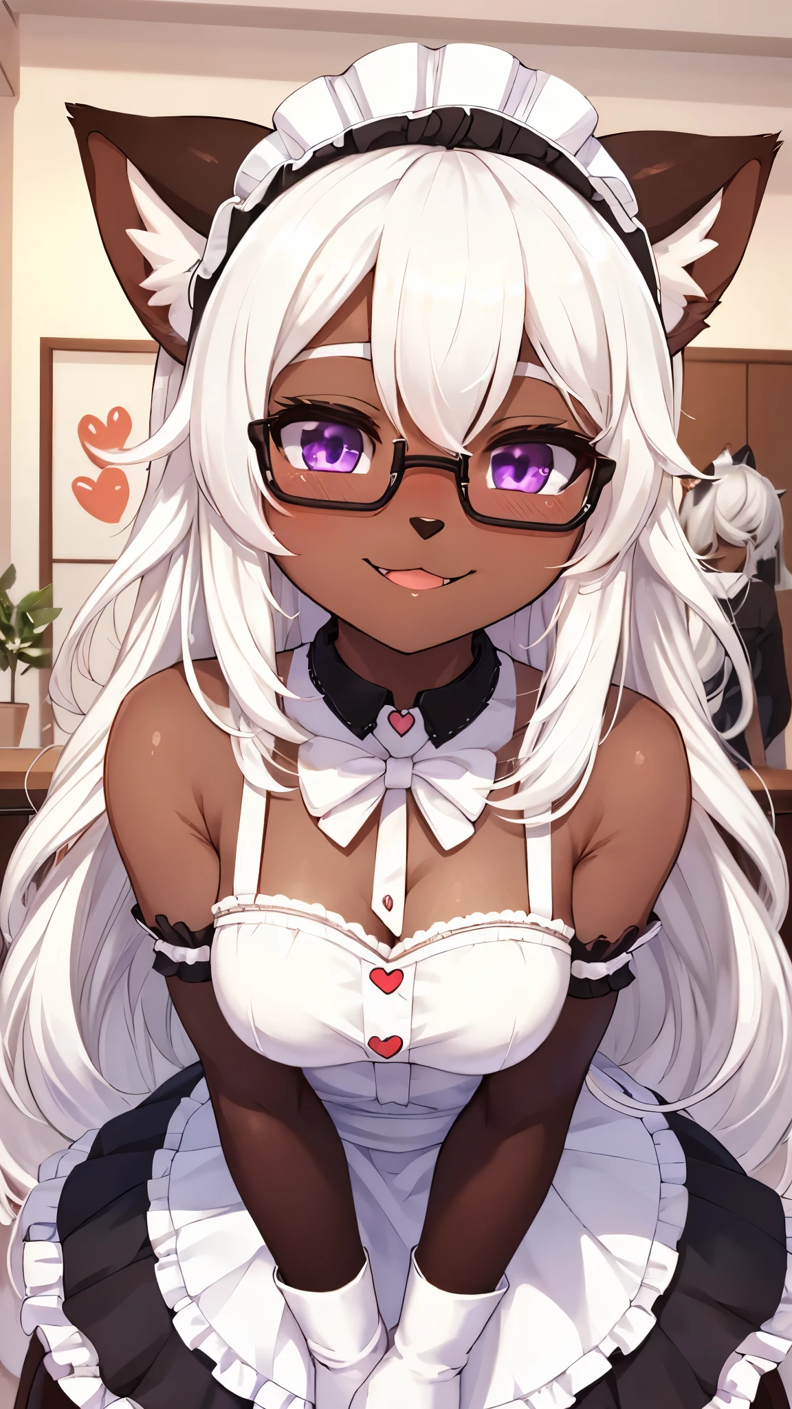 best quality,best resolution,(fluffy anthro furry :1.6),(young :1.8),(dark skin :1.8),cat girl,small breasts,(white hair :1.6),long hair,wavy hair,curvy hair,purple eyes,glistering eyes,sparkle eyes,huge circle glasses,maid outfit,maid headdress,maid gloves,ruffles,beautiful cafe,coffee bsr,white ligth,steam from coffee making machine,looking at viewer,full face blush,happy face,smile,heart eyes,heart expression eyes,sexy pose,front view
