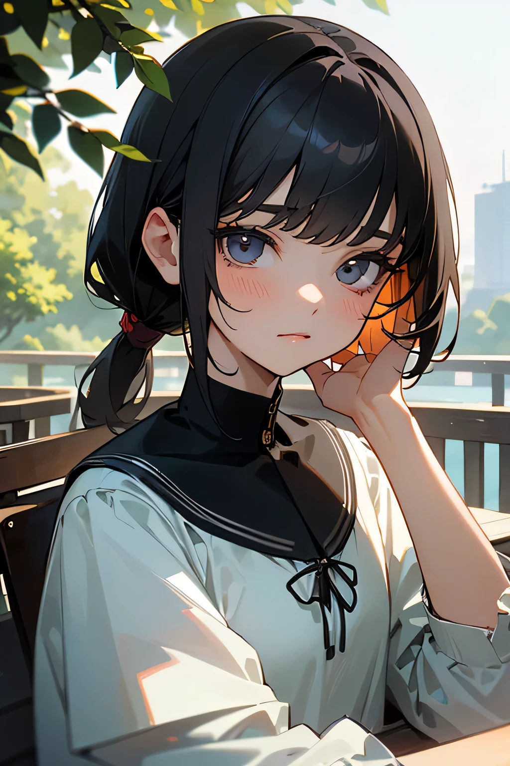 highest quality、High resolution、Detailed Background、(Beautiful face in every detail:1.4)、Anatomically correct、(Draw the usual number of fingers:1.2)、(Detailed facial expressions)、(Detailed eyes:1.2)、(Detailed eyes:1.2)、Beautiful, smooth skin、Teenage beauty、(Highly detailed face:1.4)、
Black Hair、ponytail、Bobcut、Hairstyles that add waves and curls、Perfect body line、Solitude and silence、An ennui atmosphere、Create unique moods and emotions、
While sitting on the terrace of a cafe、Drinking coffee alone、There is a view of the city ahead.、wood々The leaves are swaying in the wind、There are other people around、Just the sound of quiet conversation or the sound of a book being read、A deep silence spreads、The air is cold、But it's comfortable、among them、Indulge in your own thoughts、A slightly happy look