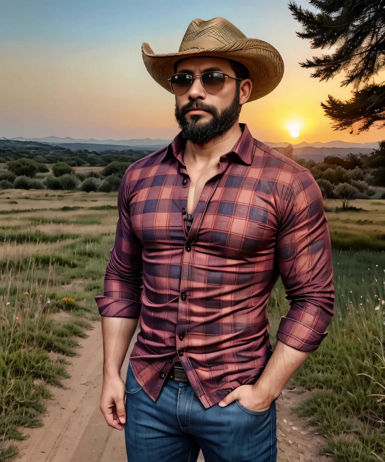 Obra maestra, desenfoque de campo, Parte superior del cuerpo, Hands in pants pockets , 38 year old man with beard., sombrero vaquero y gafas de sol. Man in a plaid shirt in a Netflix drug trafficking series with a sunset in the background.