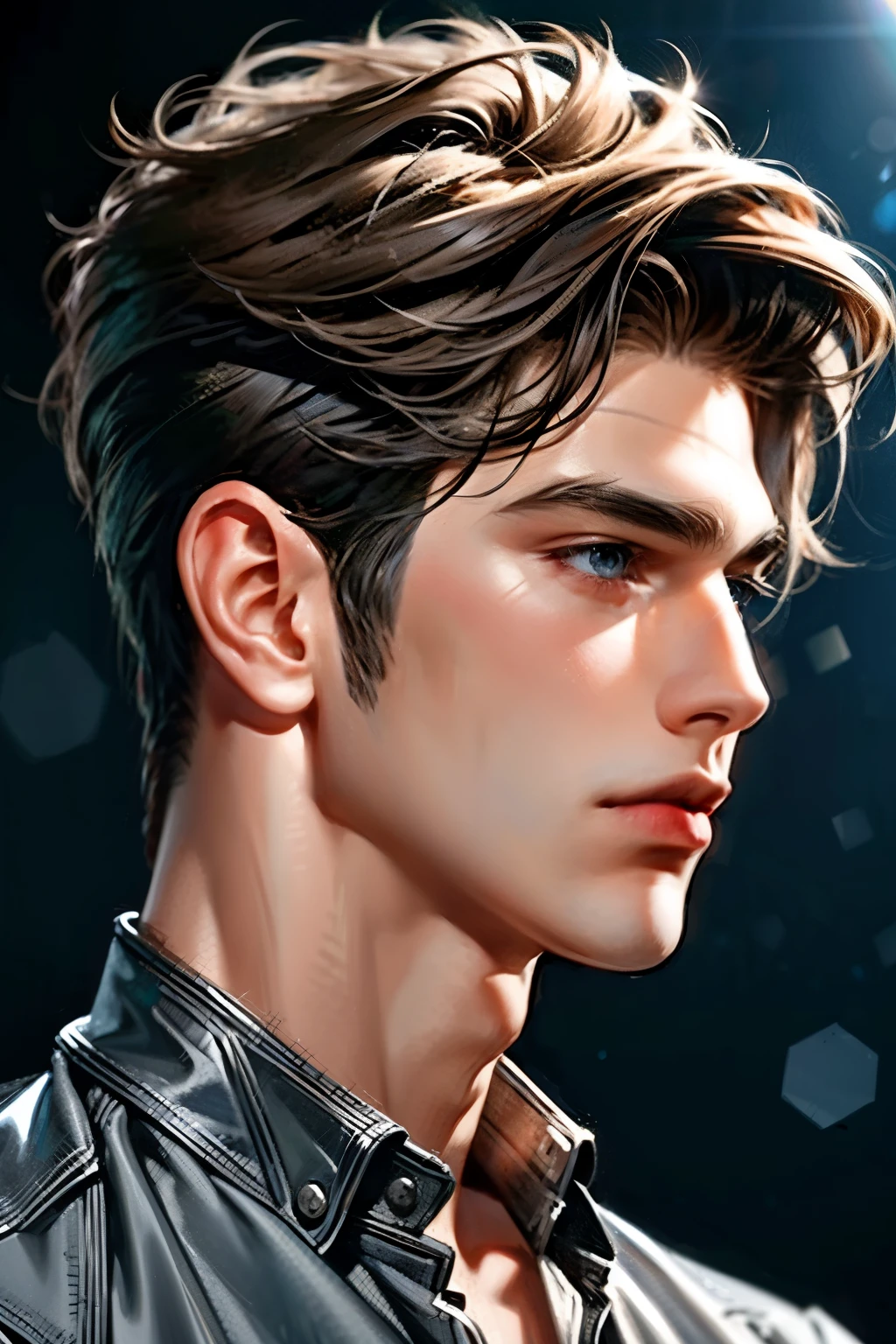 high quality, 8k, Ultra detailed, hdr, studio light, Masterpiece, complete sideview of face, Handsome side face, sleek nose, young boy, light-brown hair, azure big beautiful grey eyes, closed mouth, messy hair, dynamic pose realistic, detailed and correct facial structure, pomade hair style