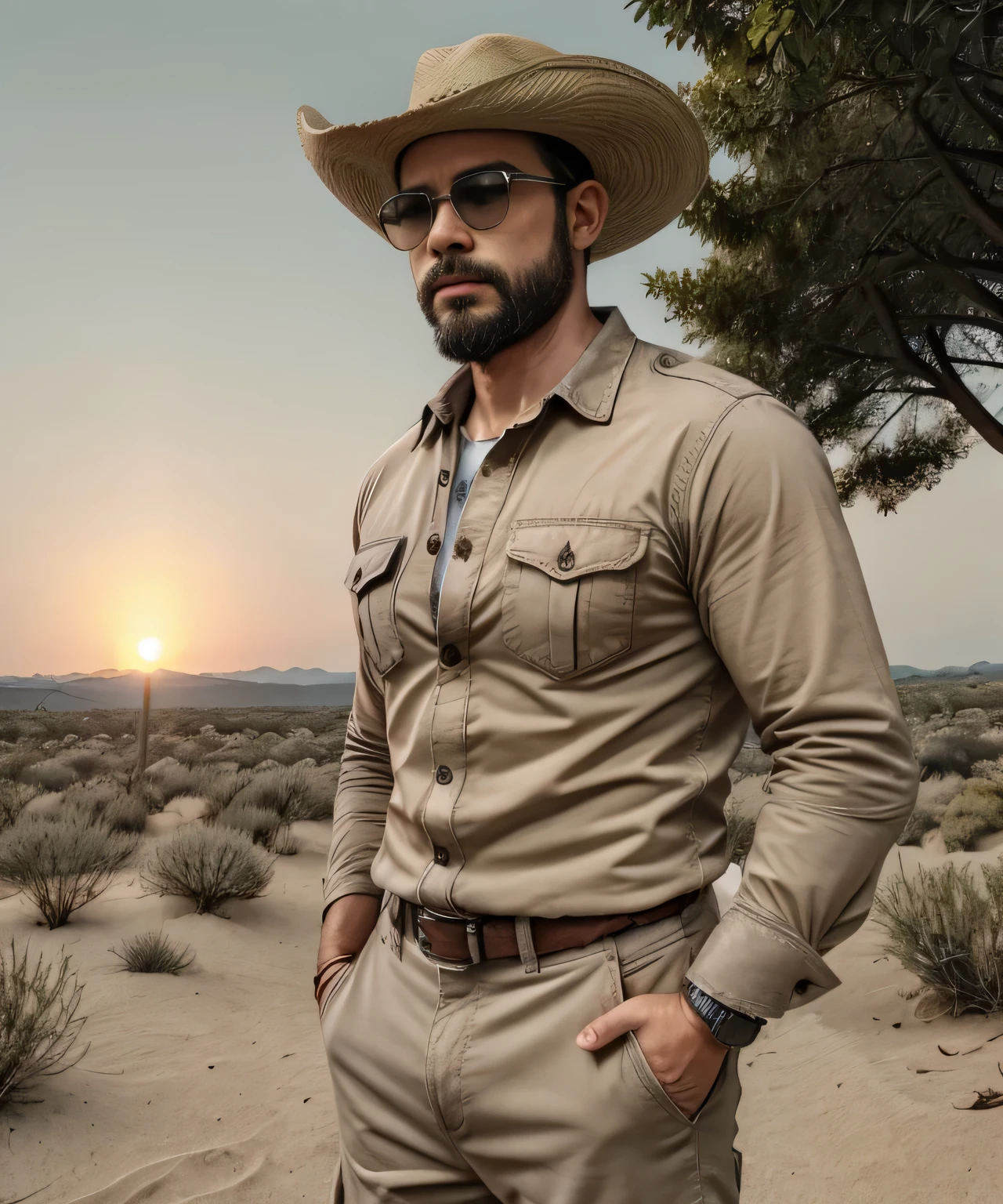 Obra maestra, desenfoque de campo, Parte superior del cuerpo, Hands in pants pockets , 38 year old man with beard., sombrero vaquero y gafas de sol. Man in a plaid shirt in a Netflix drug trafficking series with a sunset in the background.