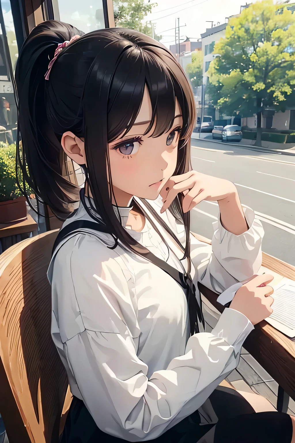 highest quality、High resolution、Detailed Background、(Beautiful face in every detail:1.4)、Anatomically correct、(Draw the usual number of fingers:1.2)、(Detailed facial expressions)、(Detailed eyes:1.2)、(Detailed eyes:1.2)、Beautiful, smooth skin、age beauty、(Highly detailed face:1.4)、
Black Hair、ponytail、Bobcut、Hairstyles that add waves and curls、Perfect body line、Solitude and silence、An ennui atmosphere、Create unique moods and emotions、
While sitting on the terrace of a cafe、Drinking coffee alone、There is a view of the city ahead.、wood々The leaves are swaying in the wind、There are other people around、Just the sound of quiet conversation or the sound of a book being read、A deep silence spreads、The air is cold、But it's comfortable、among them、Indulge in your own thoughts、A slightly happy look
