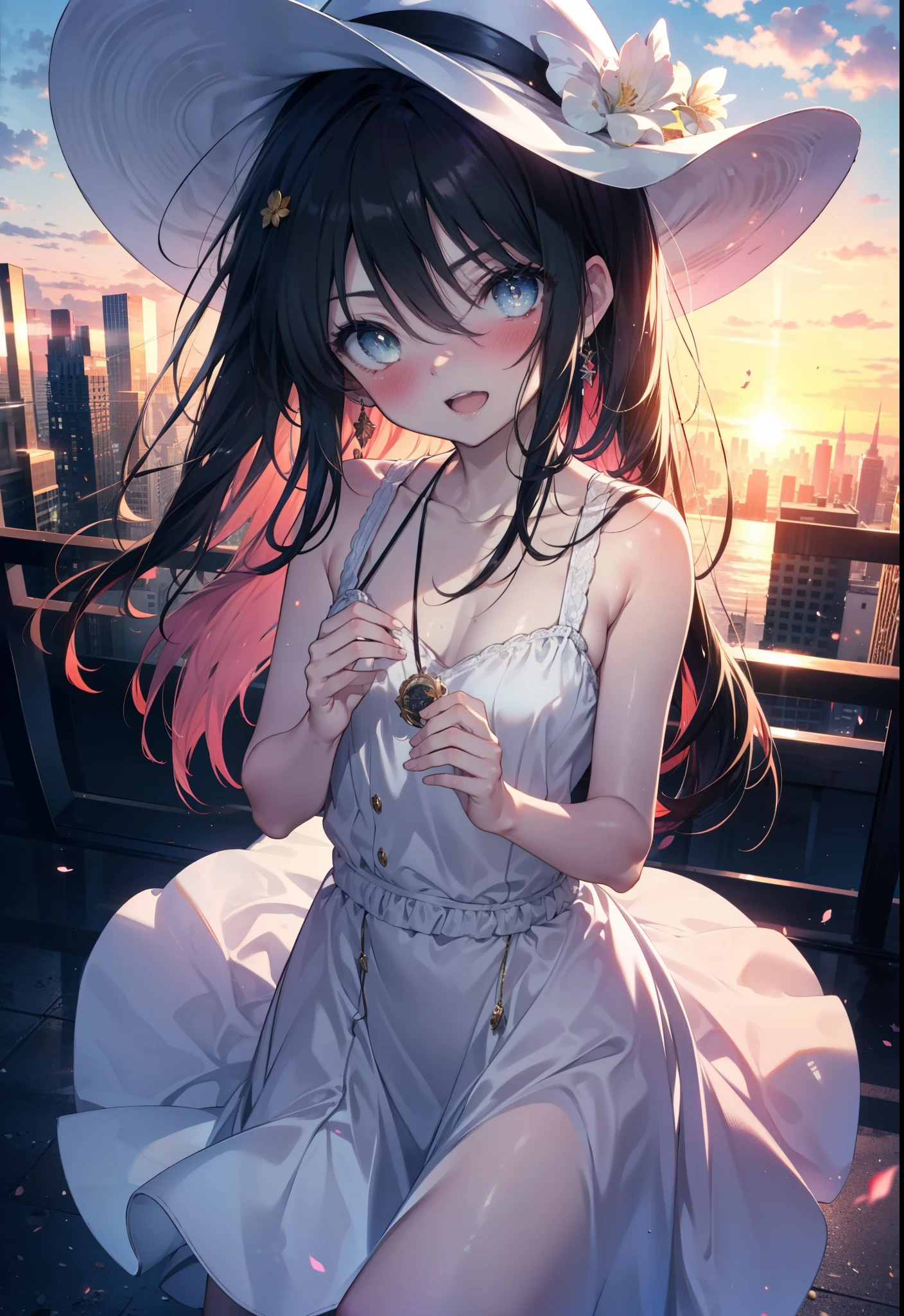 Shana,灼眼のShana,Ahoge,Long Hair,Black Hair, black eye, Small breasts,smile,blush,Open your mouth,Sleeveless dress,Bare shoulders,bare clavicle,Bare neck,Rocket Pendant,White hat,Long skirt,Cute heeled sandals,Looking down from above,sunset,evening,The sun is setting,
break looking at viewer, (Cowboy Shot:1. 5)
break outdoors, City Street,Building district,
break (masterpiece:1.2), highest quality, High resolution, unity 8k wallpaper, (shape:0.8), (Fine and beautiful eyes:1.6), Highly detailed face, Perfect lighting, Highly detailed CG, (Perfect hands, Perfect Anatomy),