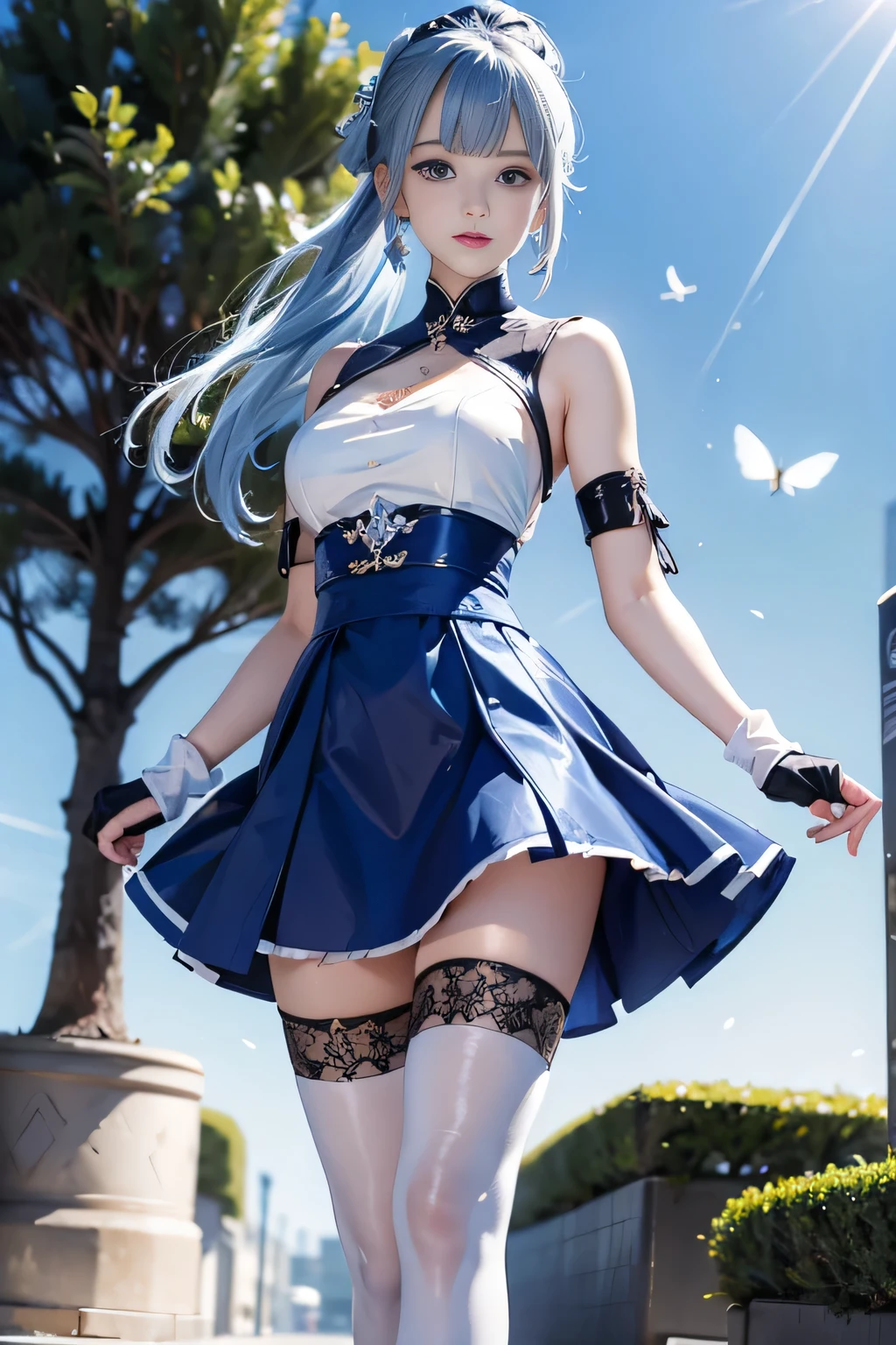 (Vulgar,nsfw),(skirt lift,very windy),(beautiful elegant white panties),very low angle,from below),((masterpiece, highest resolution,best quality)), (beautiful illustration), ((Kamisato Ayaka in Genshin Impact)), ((semi long beautiful silver blue hair,blunt bangs,pony tail,beautiful blue eyes)),(solo),(beautiful elegant office blouse and black skirt,skirt lifted by the wind),(looking at the viewer), (walking around the shopping mall),
(innocent smile, Embarrassed),(white over-kneehighs,Lace chalker, wristband, fingerless gloves, over-kneehighs,
Lace chalker, diamond necklace,wristband, fingerless gloves, earrings), (cinematic lighting, very windy),shopping mall,big city,busy street,day,blue sky,flowers and trees,crowded,(from the ground),(beautiful elegant Underwear patterns),