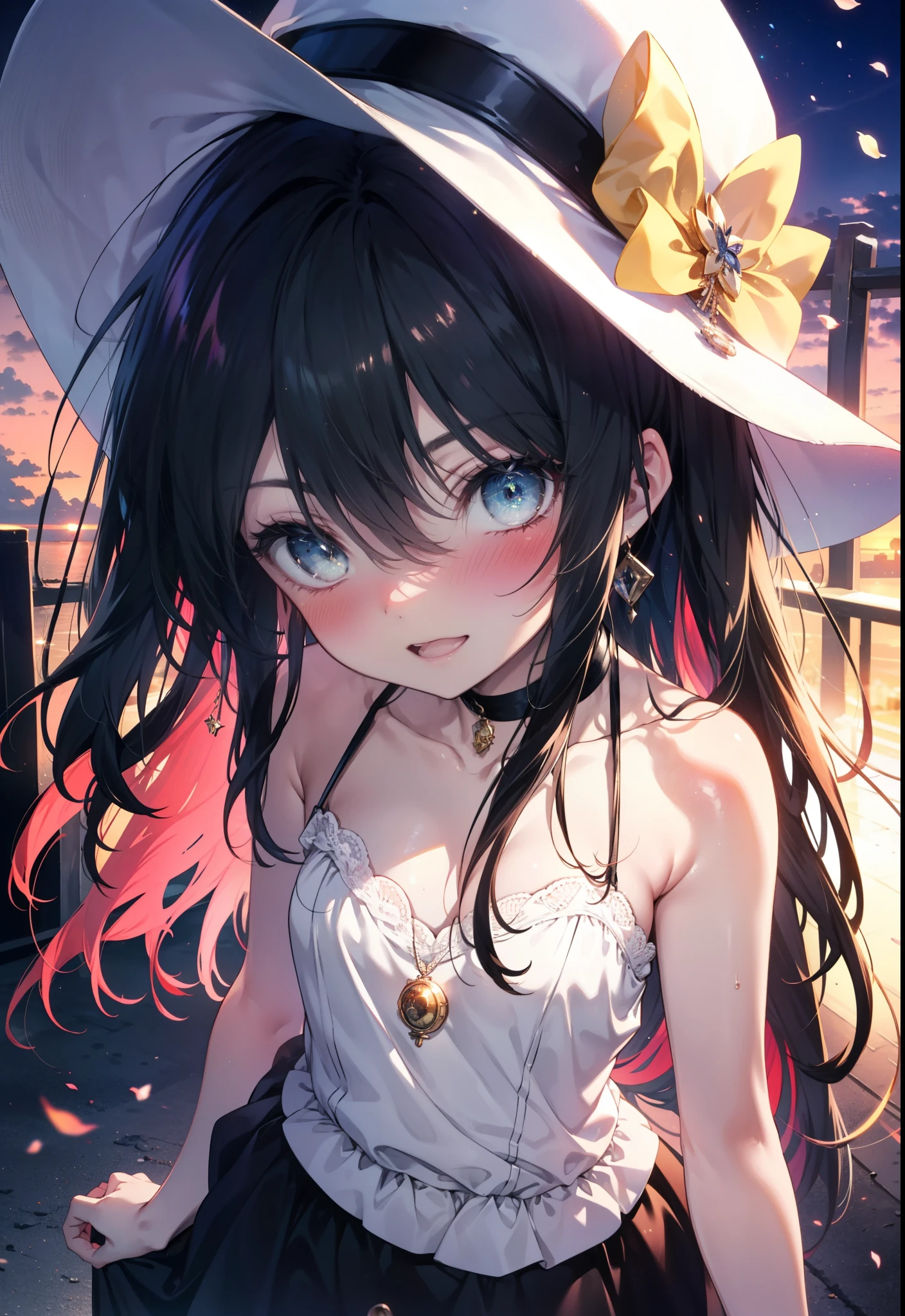 Shana,灼眼のShana,Ahoge,Long Hair,Black Hair, black eye, Small breasts,smile,blush,Open your mouth,Sleeveless dress,Bare shoulders,bare clavicle,Bare neck,Rocket Pendant,White hat,Long skirt,Cute heeled sandals,Looking down from above,sunset,evening,The sun is setting,
break looking at viewer, (Cowboy Shot:1. 5)
break outdoors, City Street,Building district,
break (masterpiece:1.2), highest quality, High resolution, unity 8k wallpaper, (shape:0.8), (Fine and beautiful eyes:1.6), Highly detailed face, Perfect lighting, Highly detailed CG, (Perfect hands, Perfect Anatomy),