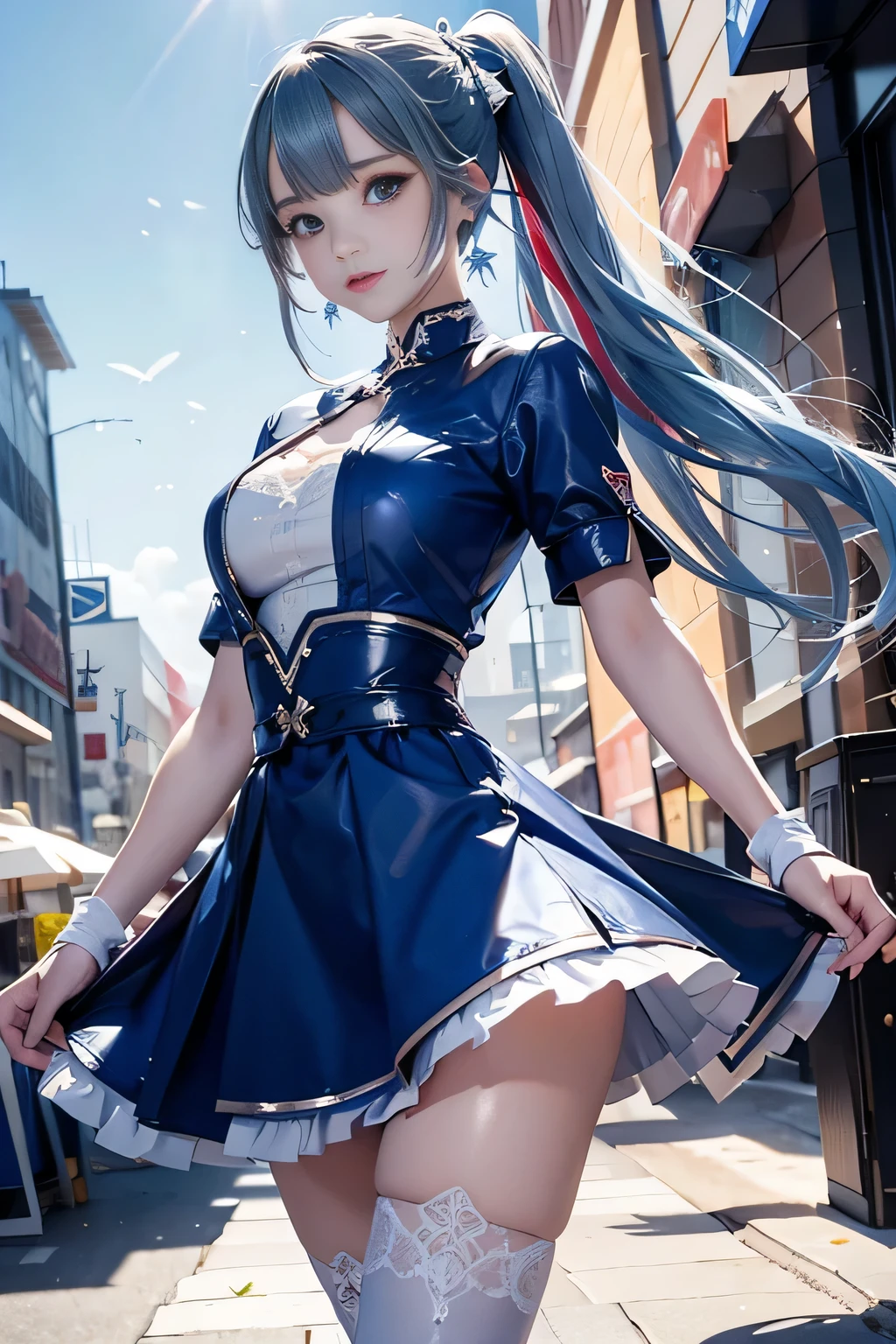 (Vulgar,nsfw),(skirt lift,very windy),(beautiful elegant white panties),very low angle,from below),((masterpiece, highest resolution,best quality)), (beautiful illustration), ((Kamisato Ayaka in Genshin Impact)), ((semi long beautiful silver blue hair,blunt bangs,pony tail,beautiful blue eyes)),(solo),(beautiful elegant office blouse and black skirt,skirt lifted by the wind),(looking at the viewer), (walking around the shopping mall),
(innocent smile, Embarrassed),(white over-kneehighs,Lace chalker, wristband, fingerless gloves, over-kneehighs,
Lace chalker, diamond necklace,wristband, fingerless gloves, earrings), (cinematic lighting, very windy),shopping mall,big city,busy street,day,blue sky,flowers and trees,crowded,(from the ground),(beautiful elegant Underwear patterns),