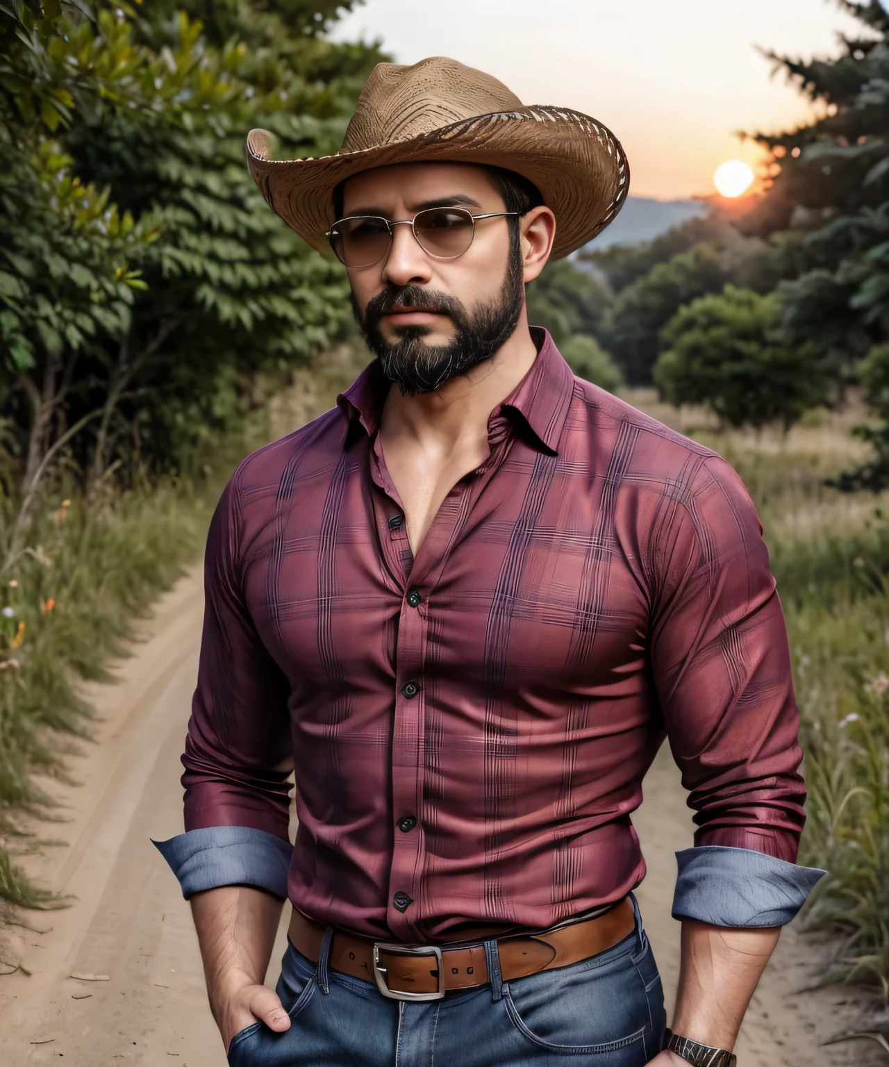 Obra maestra, desenfoque de campo, Parte superior del cuerpo, Hands in pants pockets , 38 year old man with beard., sombrero vaquero y gafas de sol. Man in a plaid shirt in a Netflix drug trafficking series with a sunset in the background.