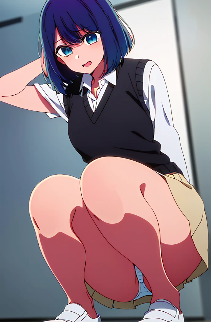 Beautiful lighting, One Girl, solo, Akane, White shirt, (((skirt))),Sweater vest, Black vest, Blue tie, ((Anime Style))、((2D))、Laughter、Open your mouth、Look forward,((Cotton panties with crotch)),(((skirtめくり, I can see your pants))),squat,From below,squat,squat,
