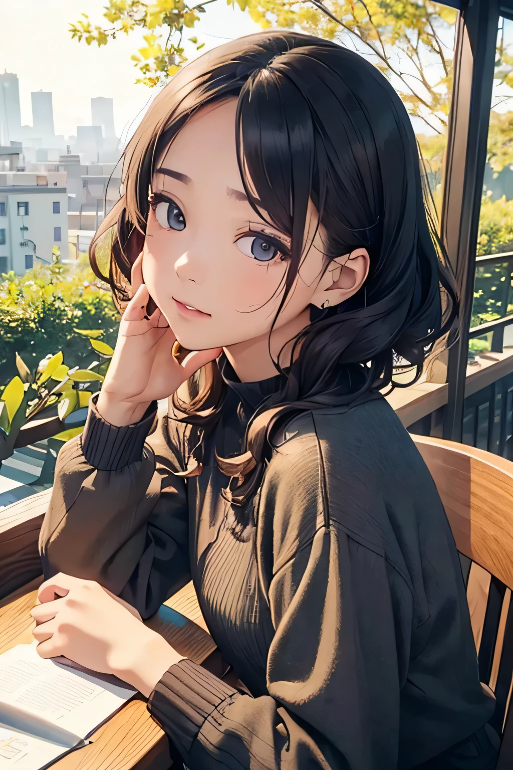 highest quality、High resolution、Detailed Background、(Beautiful face in every detail:1.4)、Anatomically correct、(Draw the usual number of fingers:1.2)、(Detailed facial expressions)、(Detailed eyes:1.2)、(Detailed eyes:1.2)、Beautiful, smooth skin、Teenage beauty、(Highly detailed face:1.4)、
Black Hair、ponytail、Bobcut、Hairstyles that add waves and curls、Perfect body line、Solitude and silence、An ennui atmosphere、Create unique moods and emotions、
While sitting on the terrace of a cafe、Drinking coffee alone、There is a view of the city ahead.、wood々The leaves are swaying in the wind、There are other people around、Just the sound of quiet conversation or the sound of a book being read、A deep silence spreads、The air is cold、But it's comfortable、among them、Indulge in your own thoughts、Happy expression