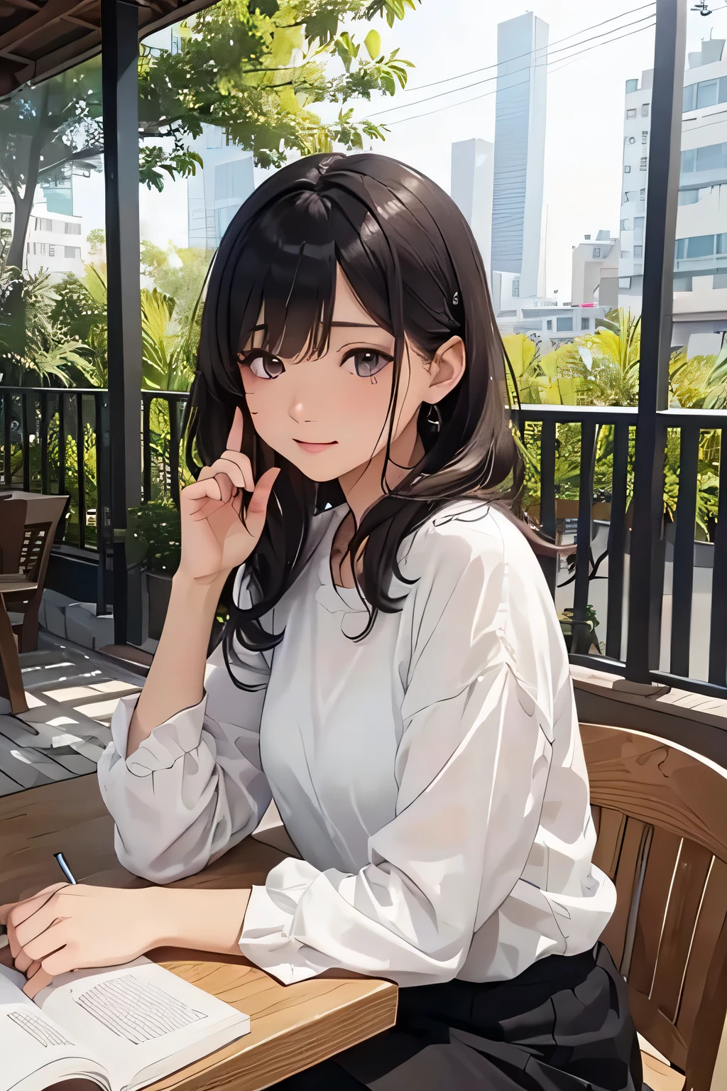 highest quality、High resolution、Detailed Background、(Beautiful face in every detail:1.4)、Anatomically correct、(Draw the usual number of fingers:1.2)、(Detailed facial expressions)、(Detailed eyes:1.2)、(Detailed eyes:1.2)、Beautiful, smooth skin、age beauty、(Highly detailed face:1.4)、
Black Hair、ponytail、Bobcut、Hairstyles that add waves and curls、Perfect body line、Solitude and silence、An ennui atmosphere、Create unique moods and emotions、
While sitting on the terrace of a cafe、Drinking coffee alone、There is a view of the city ahead.、wood々The leaves are swaying in the wind、There are other people around、Just the sound of quiet conversation or the sound of a book being read、A deep silence spreads、The air is cold、But it's comfortable、among them、Indulge in your own thoughts、Happy expression