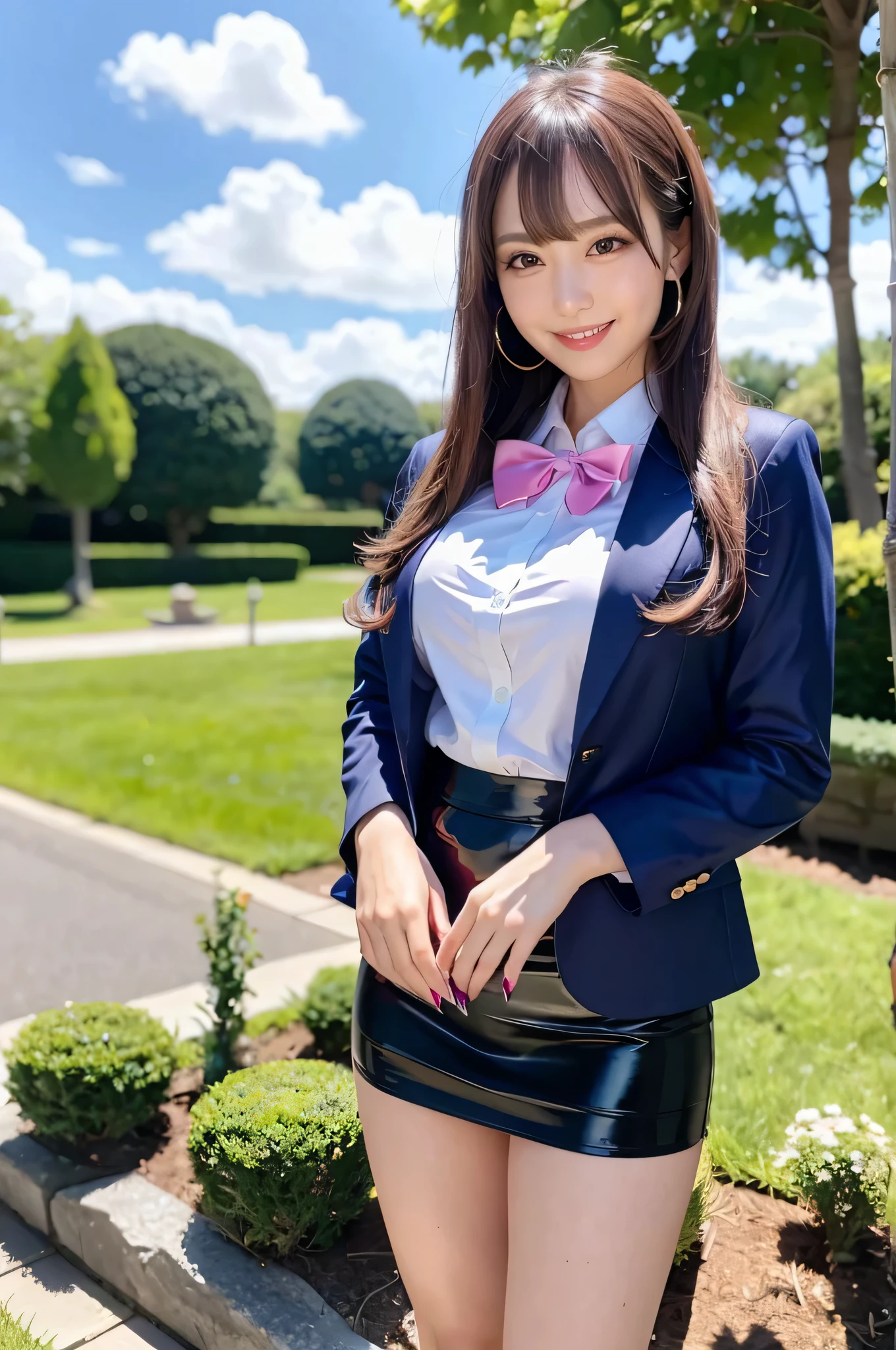 (8k,highest quality,masterpiece:1.2),Super detailed, Perfect Face, Shiny skin, Long Hair, Ribbon in hair,smile, From the thighs, Pink Nails, Beautiful Hands, Beautiful legs, Full body shot, Big Breasts, garden, Very beautiful woman, Lewd face, Shiny skin, Navy blue blazer high , Inseam-length skirt, Are standing