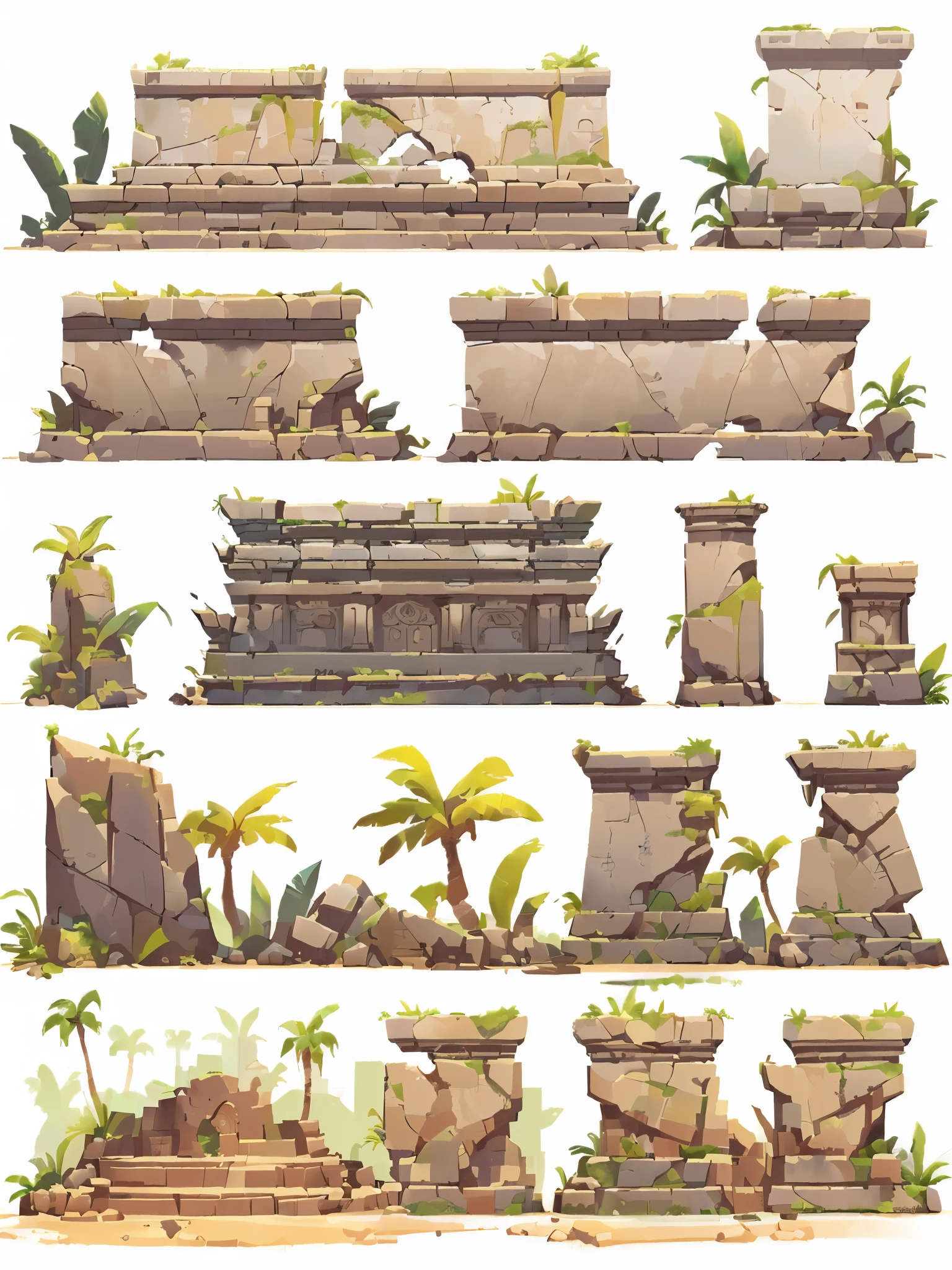 A set of cartoon stones and stone structures with quicksand and rocks, Ancient ruins Background, Jungle Background with Ruins, Ancient Ruins, Post-apocalyptic Ancient Ruins, huge tomb structures, ancient science fiction elements, castle and temple details, detailed game art illustrations, ancient Magical Ruins, ancient city Ruins, game assets, Ruins Landscape, video game assets, detailed game art