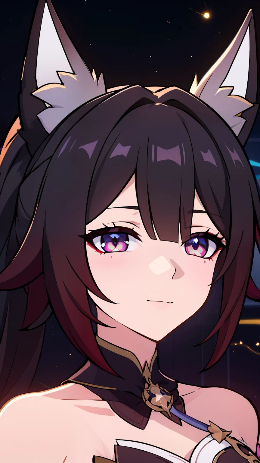 (high-quality, breathtaking),(expressive eyes, perfect face) 1girl, female, solo, portrait, honkai star rail inspired, medium, cheerful expression, Fox ears, Symmetrical Eyes, black background, fireflies background, soft lights, long hair length
