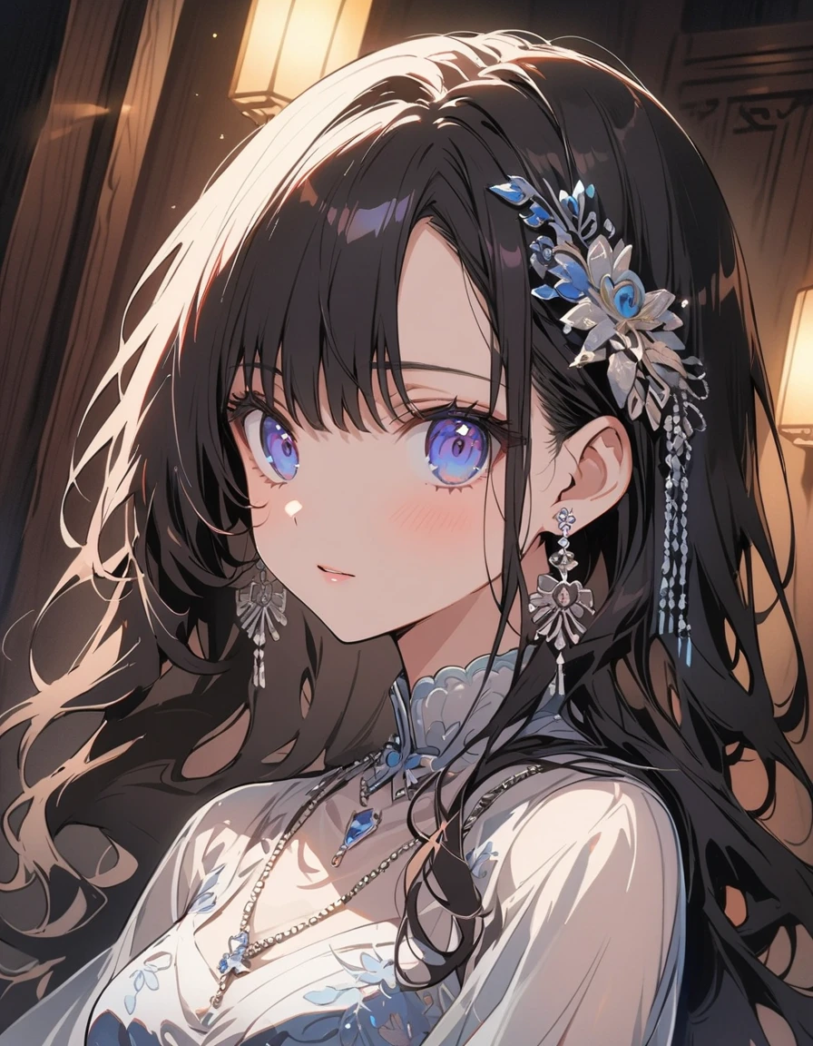 One girl, length_hair, Portraiture, Upper Body, china transparent silk dress, dress, hair ornament, necklace, jewelry, length hair, Earrings, Chinese clothing、(highest quality、masterpiece、High resolution、detailed)、animeスタイル、Flat Style、(Beautiful Eyes, Delicate and beautiful face),  BREAK,extremely detailed(The Shining), Best lighting, Best Shadow、High saturation、Dynamic Angle、anime
