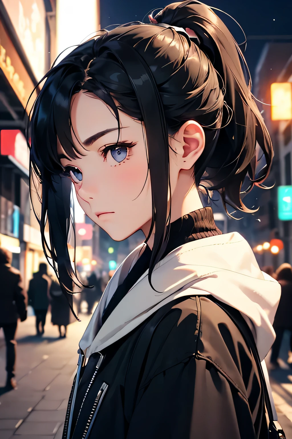 highest quality、High resolution、Detailed Background、(Beautiful face in every detail:1.4)、Anatomically correct、(Draw the usual number of fingers:1.2)、(Detailed facial expressions)、(Detailed eyes:1.2)、(Detailed eyes:1.2)、Beautiful, smooth skin、age beauty、(Highly detailed face:1.4)、
Black Hair、ponytail、Bobcut、Hairstyles that add waves and curls、well-groomed eyebrows、Perfect body line、Solitude and silence、An ennui atmosphere、Create unique moods and emotions、cute、
At dusk, the street lights begin to glow dimly.、people々Little by little, I head home、The hustle and bustle of the city gradually subsides、Silence prevails、The cold winds are getting stronger、Feeling the cold、but、That feeling of loneliness is comfortable、It&#39;s as if I&#39;m adapting to the changing seasons、It&#39;s like sorting out your inner feelings.、
At night、The city begins to sparkle faintly、The street lights and store lights、Gently lighting up the entire city、Lonely walkers appeared one by one.、Walking while casting a shadow、With a nostalgic feeling、An ennui atmosphereが漂う