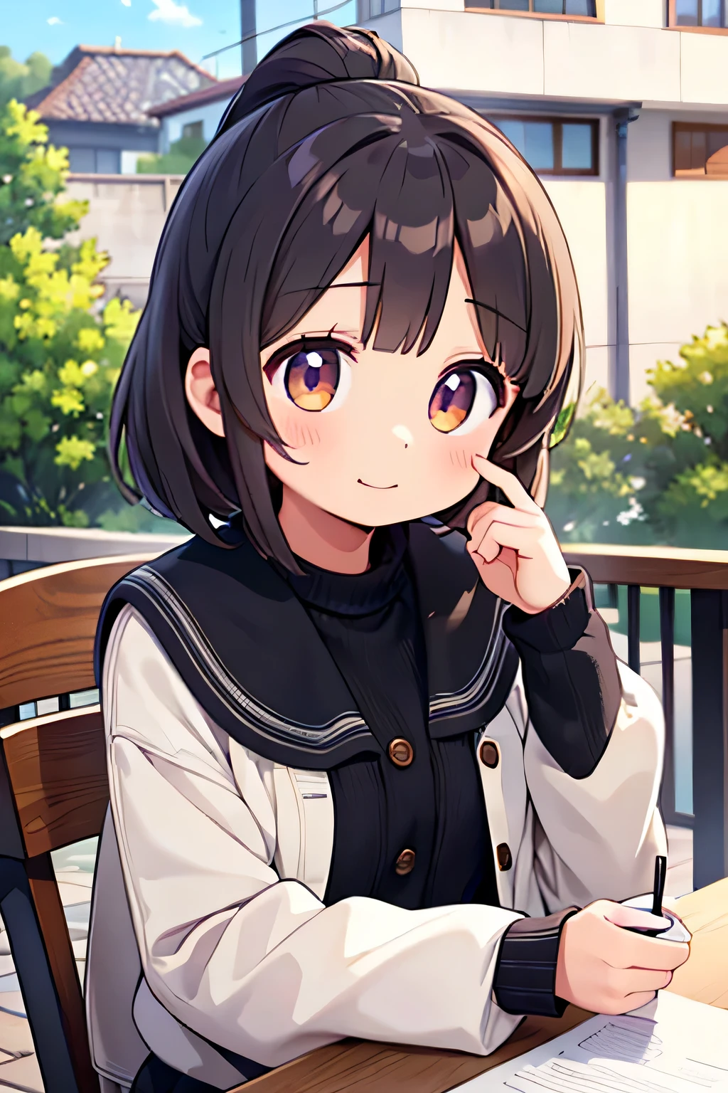 highest quality、High resolution、Detailed Background、(Beautiful face in every detail:1.4)、Anatomically correct、(Draw the usual number of fingers:1.2)、(Detailed facial expressions)、(Detailed eyes:1.2)、(Detailed eyes:1.2)、Beautiful, smooth skin、Teenage beauty、(Highly detailed face:1.4)、
Black Hair、ponytail、Bobcut、Hairstyles that add waves and curls、Perfect body line、Solitude and silence、An ennui atmosphere、Create unique moods and emotions、
While sitting on the terrace of a cafe、Drinking coffee alone、There is a view of the city ahead.、wood々The leaves are swaying in the wind、There are other people around、Just the sound of quiet conversation or the sound of a book being read、A deep silence spreads、The air is cold、But it's comfortable、among them、Indulge in your own thoughts、Happy expression