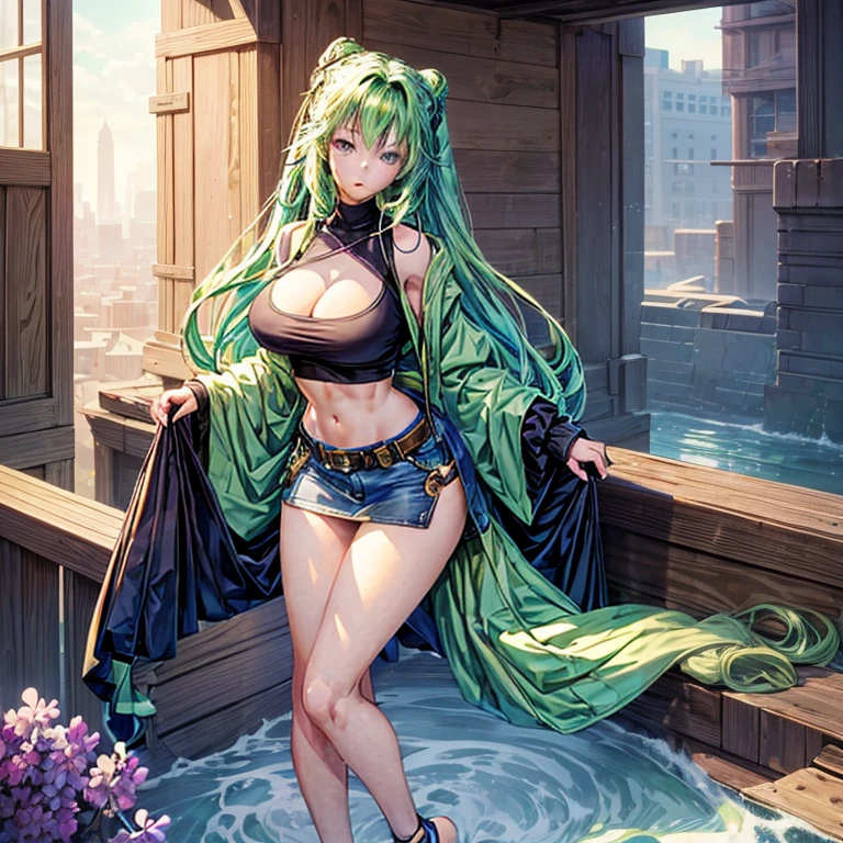 (American Planner),(Masterpiece), (High quality anime illustrations), (Highly detailed and complex), only one girl, Beautiful 26 year old girl with green hair knots, Slim build, Anime style , Lilac eyes, Encouraging, huge breasts with a good shape, Focus on the neckline: Very low cut, Long hoodies crop top look, skirt, thighs, natural lighting, high contrast