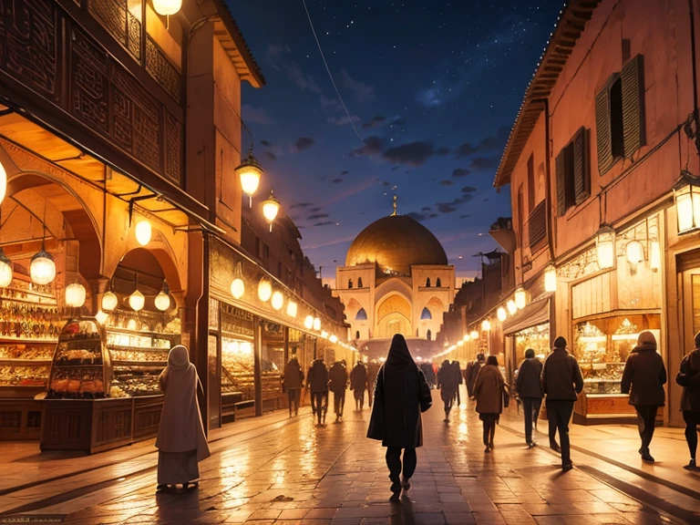 4k resolution picture, ultra realistic picture, Marrakech city, a huge mosque with dome on top, night time, entire market area views, shops everywhere, Moroccan architectures, 