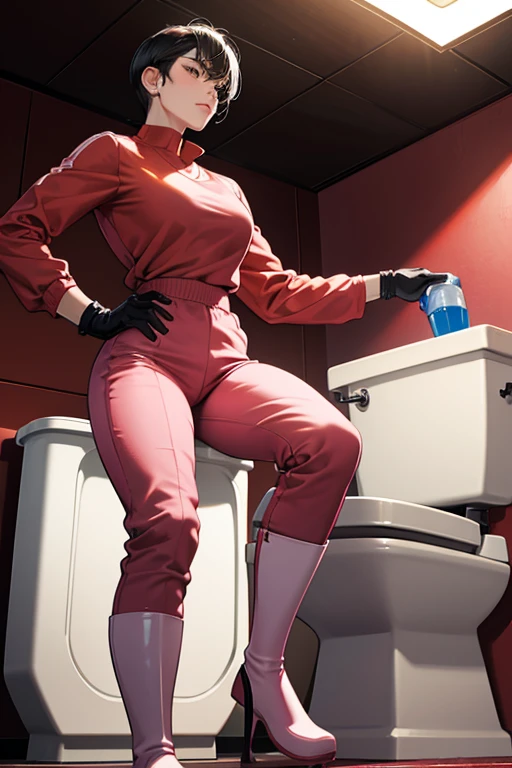 A muscular, short-haired mature woman with black hair and a red long-sleeved, long-pants gym uniform, pink rubber gloves and white rubber boots cleaning a toilet
