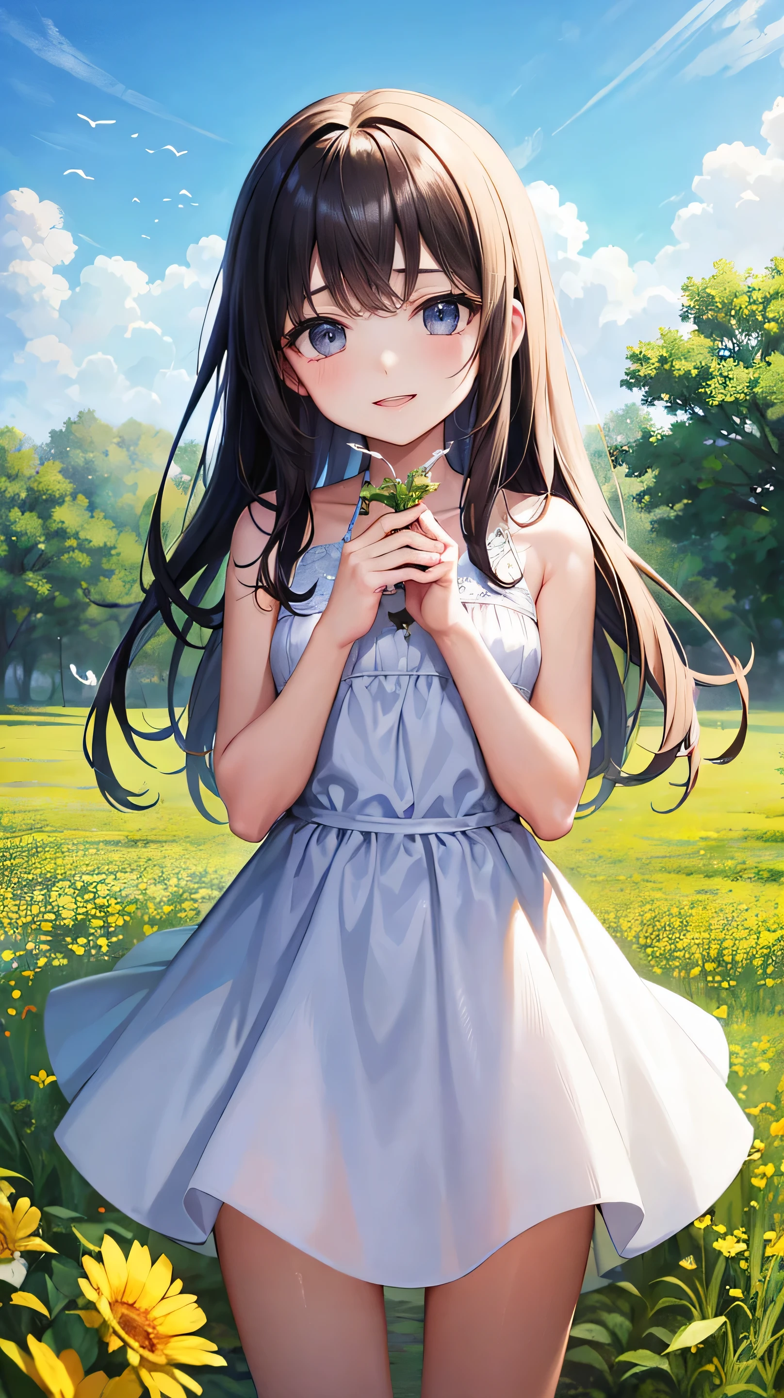 Two pure and innocent girls,()、(2 people)、Cute face、Beautiful Eyes、Natural Beauty、Warm sunshine、Wildflowers swaying in the wind々Surrounded by、Enjoying time in the fields。Butterflies and birds fly around her、Creates a playful atmosphere、fun、smile、