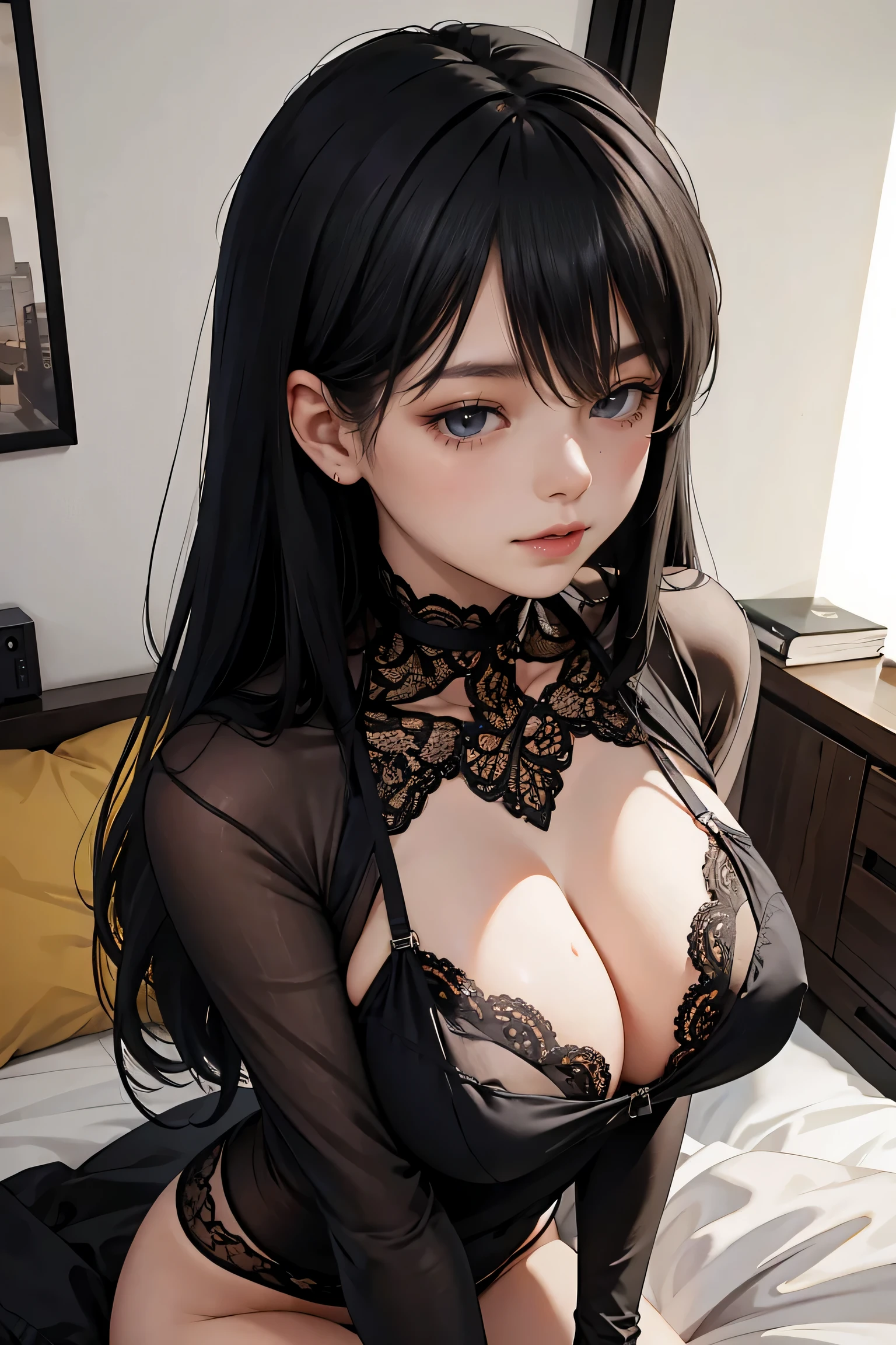 black lingerie , nsfw , huge breasts , straight hair