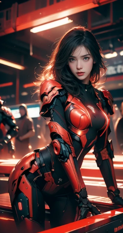 (Background of skimpy mechanical girl and octopus alien)、(Mystical expression)、highest quality、masterpiece、Super high resolution、(Photoreal:1.4)、RAW photo、1 girl、glowing skin、(((1 Mechanical Girl)))、Heavy chest、(red metalボディスーツ)、(Natural alien background to fight aliens)、(Small LED)、((Super realistic details))、vertical giant monster background),global illumination、Shadow、octane rendering、8K、super sharp、robotの背景、big breasts、Raw skin exposed in the cleavage、red metal、intricate decorative details、Japan details、very intricate details、realistic light、(Mystical expression),CG Society Trenlow Eyes、Eyes shining towards the camera、Mechanical marginal blood vessels connected to neon detail tubes)、(Wires and cables connecting to the head)、Small LED、,mechanical thighs、two stock、(Hands are also made of machines)、robot、future alien、Please wear a mechanical helmet、transparent face guard on helmet、