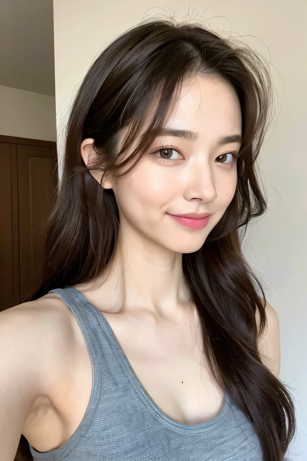 ((top quality, 8k, masterpiece: 1.3)), 1 female, Beautiful girl with slim abdominal muscles: 1.3, (Random hairstyle, Large target: 1.2), plainclothes: 1.2, indoor, Extremely detailed face, Delicate eyes, Double eyelids, Brown long wavy hair, university student, Smile, Fascinating