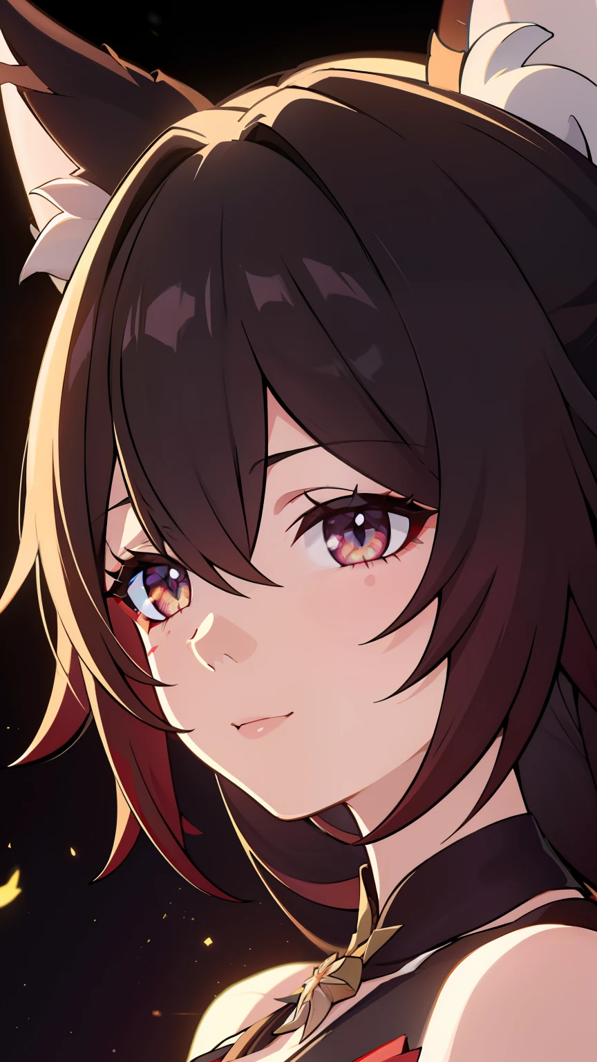 (high-quality, breathtaking),(expressive eyes, perfect face) 1girl, female, solo, portrait, honkai star rail inspired, medium, cheerful expression, Fox ears, Symmetrical Eyes, black background, fireflies background, soft lights, long hair length
