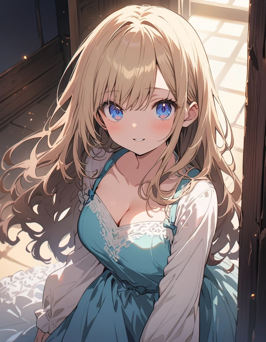 An -yeld gi Very large breasts in a short European dress that shows cleavage、(highest quality、masterpiece、High resolution、detailed)、animeスタイル、Flat Style、(Beautiful Eyes, Delicate and beautiful face, ),  BREAK,1 girl、extremely detailed、(The Shining), Best lighting, Best Shadow、High saturation、Dynamic Angle、anime