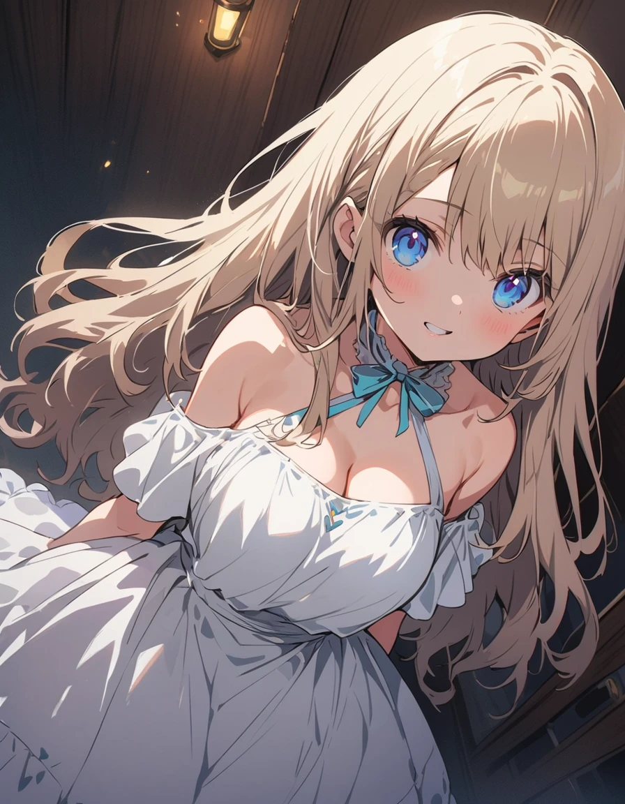 An 11-year-old girl, Very large breasts in a short European dress that shows cleavage、(highest quality、masterpiece、High resolution、detailed)、animeスタイル、Flat Style、(Beautiful Eyes, Delicate and beautiful face, ), BREAK,1 girl、extremely detailed、(The Shining), Best lighting, Best Shadow、High saturation、Dynamic Angle、anime