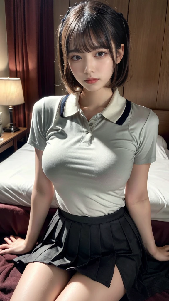 muste piece, best quality, illustration, Super detailed, fine details, High resolution, 8K,wall paper, perfect dynamic composition,(Details High quality, realistic depiction of eyes:1.3), (Polo shirt with collar), pleated skirt, large breasts,short bob hair, black hair color, Big Natural Color Lip, bold sexy pose, crying a little、cold gaze, Harajuku style、20 year old girl、cute type、ta、beautiful legs, hotel room, hposing Gravure Idol, woman on top, straddling, sitting)