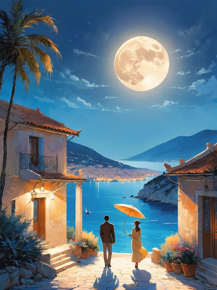 Romantic Aegean Sea，(Côte d'Azur:1.3)，night，Backlight，(一男一女坐在Côte d'Azur的沙滩上:1.4)，There is a big full moon behind，Alexander，Averin，Fresh colors，Soft colors，Diode light，Concept art style，Extremely complex details，Clear distinction between light and dark，Layering，Ultra HD