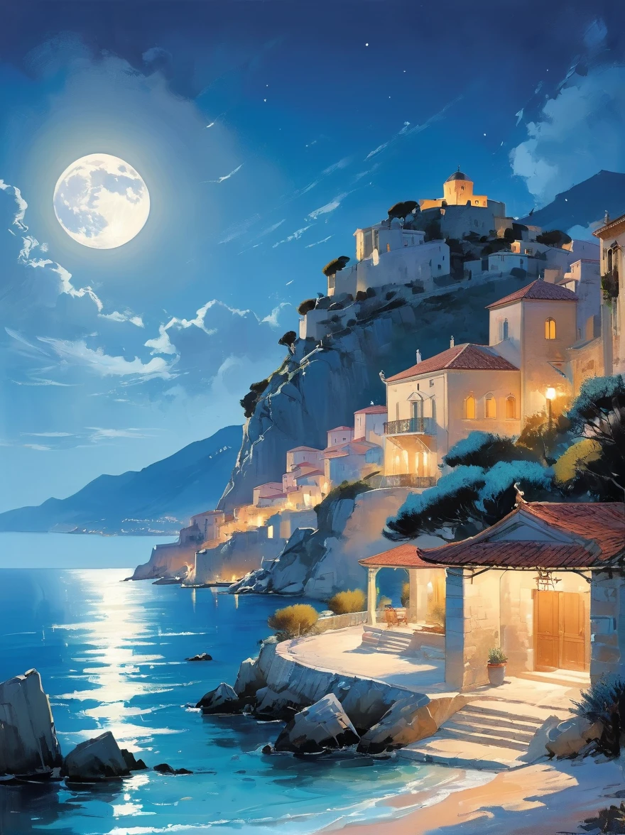 Romantic Aegean Sea，(Côte d'Azur:1.3)，night，Backlight，(一男一女坐在Côte d'Azur的沙滩上:1.4)，There is a big full moon behind，Alexander，Averin，Fresh colors，Soft colors，Diode light，Concept art style，Extremely complex details，Clear distinction between light and dark，Layering，Ultra HD